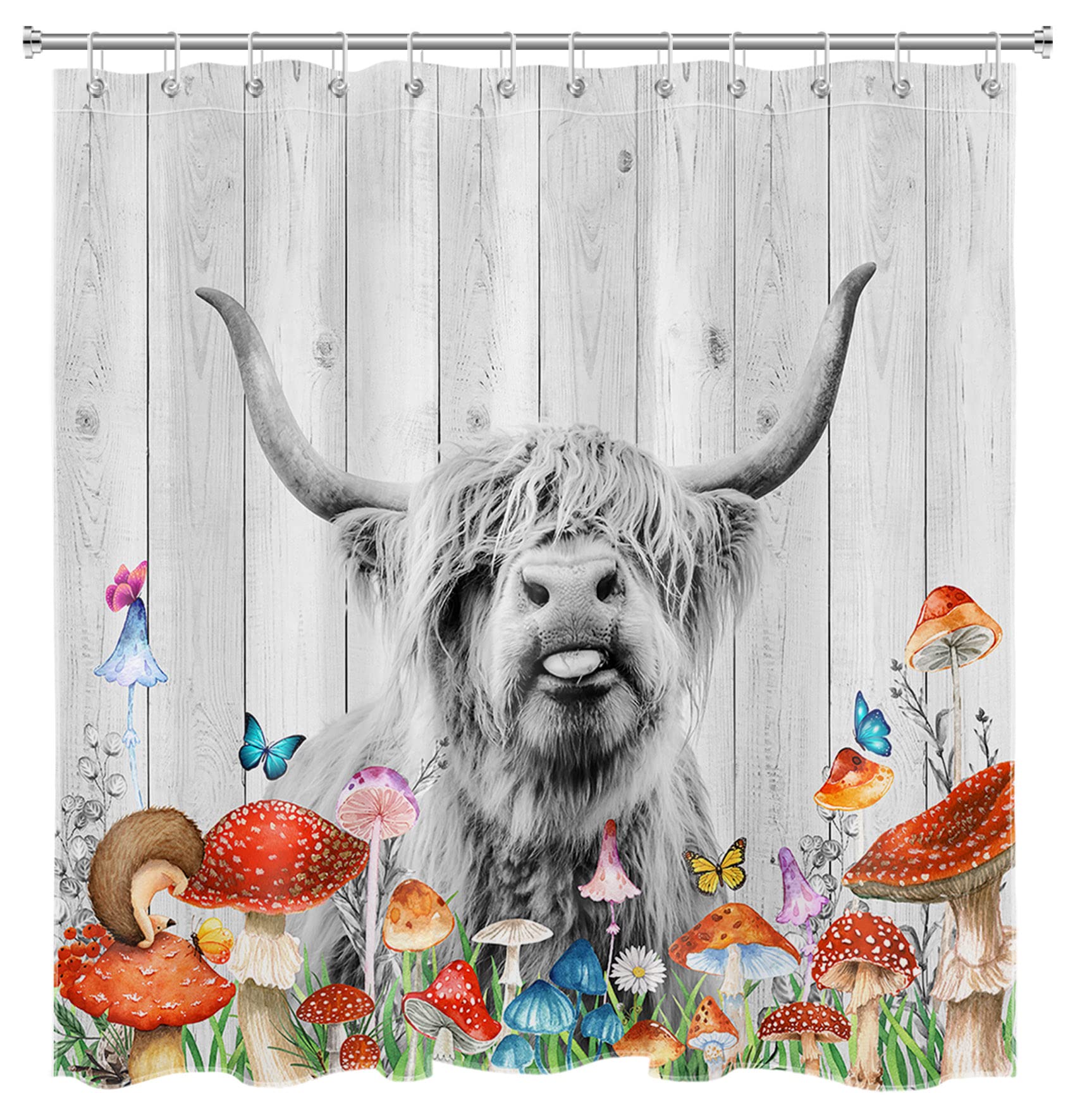 Funny Retro Mushroom Highland Cow Shower Curtain - Western Wildlife Bull Cattle Farmhouse Bathroom Decor with Rustic Wood Board Design, 72x78 Inch Fabric Bathroom Accessories with Hooks - Perfect for Farmhouse, Cottage & Vintage Style Bathrooms