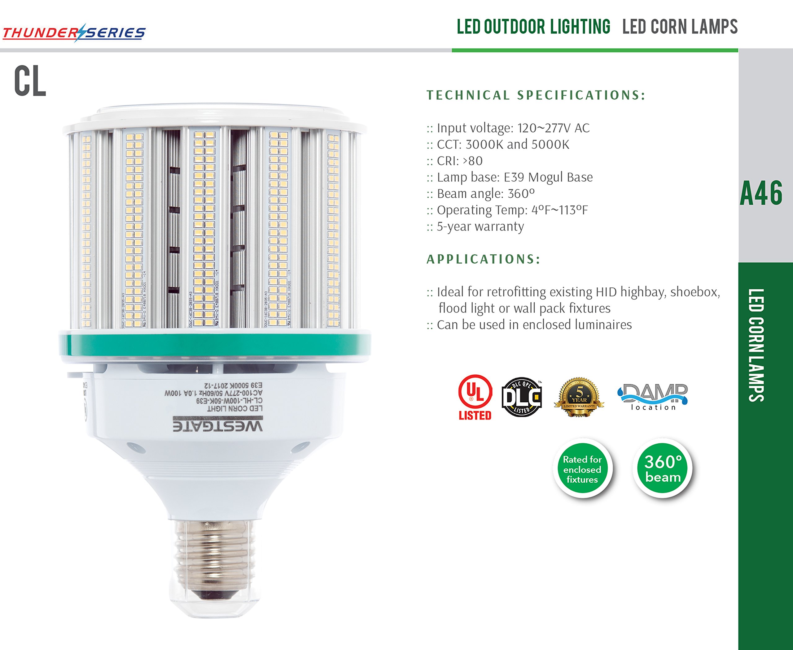 Westgate Lighting 100W LED Corn Bulb - 3000K Warm White, High Lumen, CRI>80, 360° Beam Angle - Energy Efficient Outdoor Lighting for Parking Lots, Warehouses & Backyards