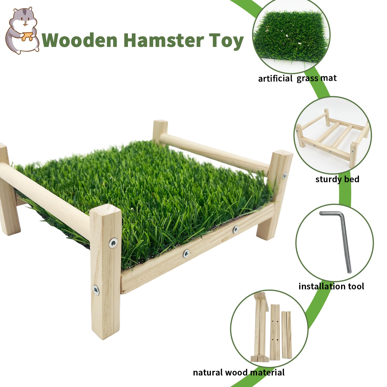 FlidRunest Wooden Rat Foraging Toys - Safe & Natural Chew Enrichment Activity for Pet Rats - Artificial Grass Foraging Mat & Hanging Bed - Perfect for Cage Entertainment & Boredom Relief - Ideal for Small Animal Mental Stimulation & Playtime