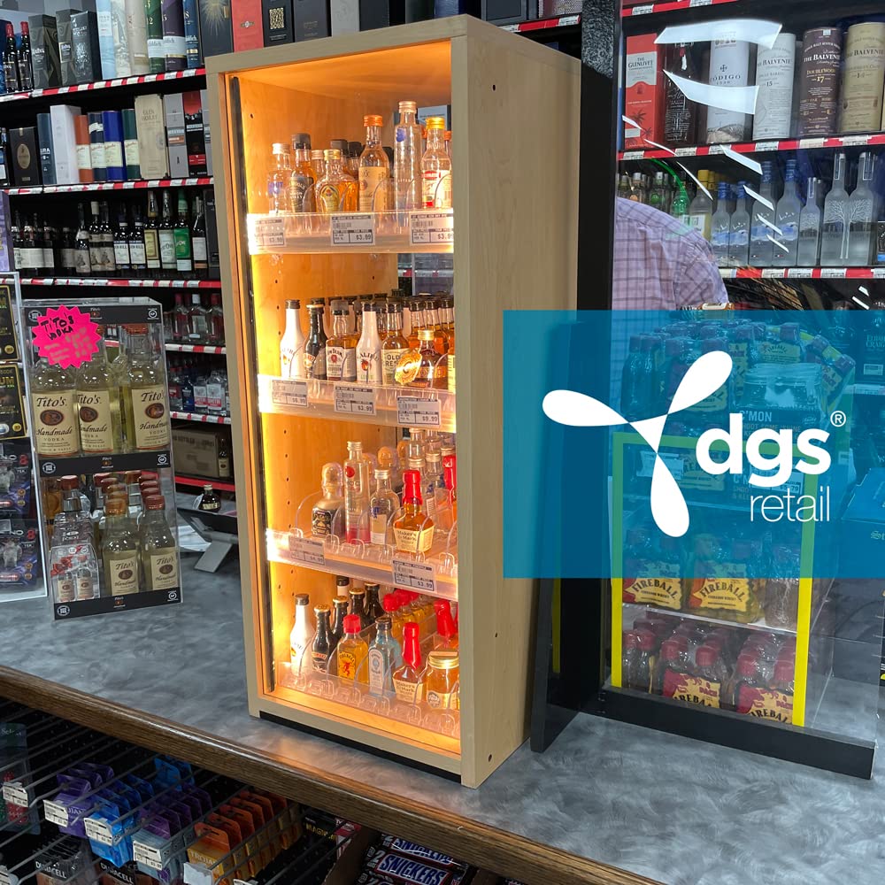 Commercial LED Lighted Retail Display for 50ml Mini Liquor Bottles - Oak Woodgrain MDF Countertop Showcase for Airplane Shots & Alcohol Nips - Perfect for Bars, Liquor Stores & C-Stores