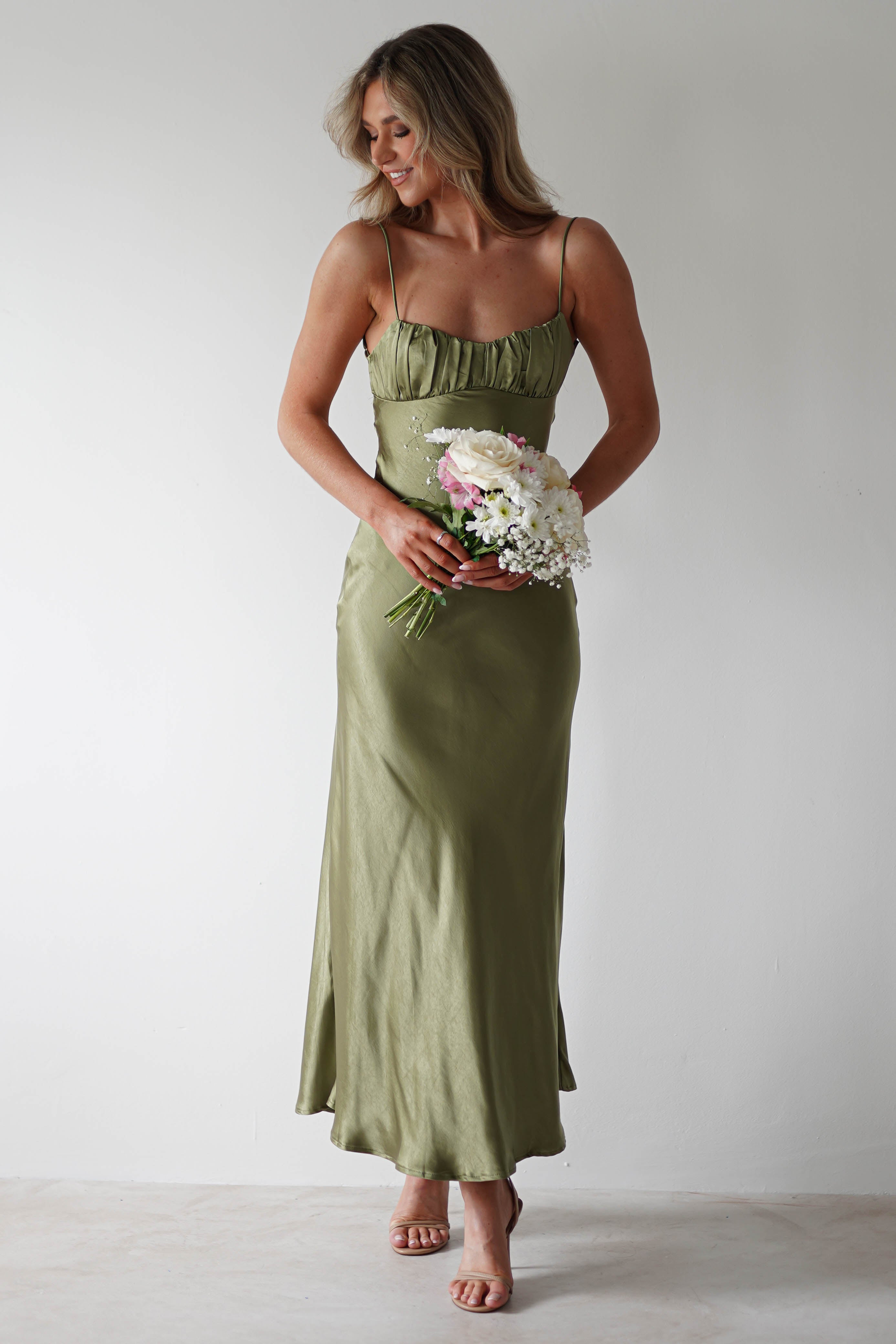 Grace Soft Satin Maxi Dress for Women - Olive Green Elegant Long Flowy Dress for Evening Parties, Weddings & Special Occasions