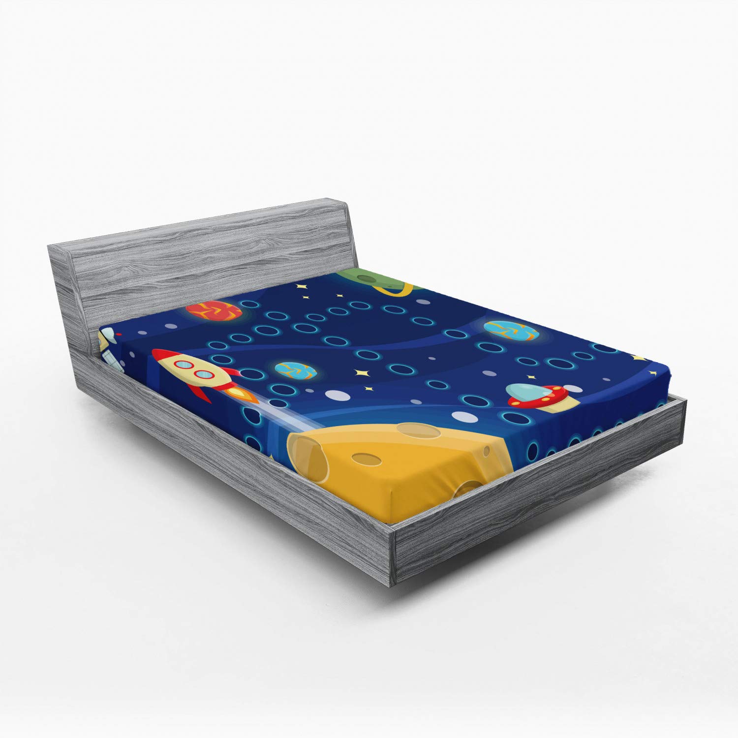 Ambesonne Cartoon Fitted Sheet - Colorful Space & Interplanetary Travel Design, Deep Pocket Full Size Bed Cover - Perfect for Kids' Rooms, Themed Bedrooms & Space Enthusiasts
