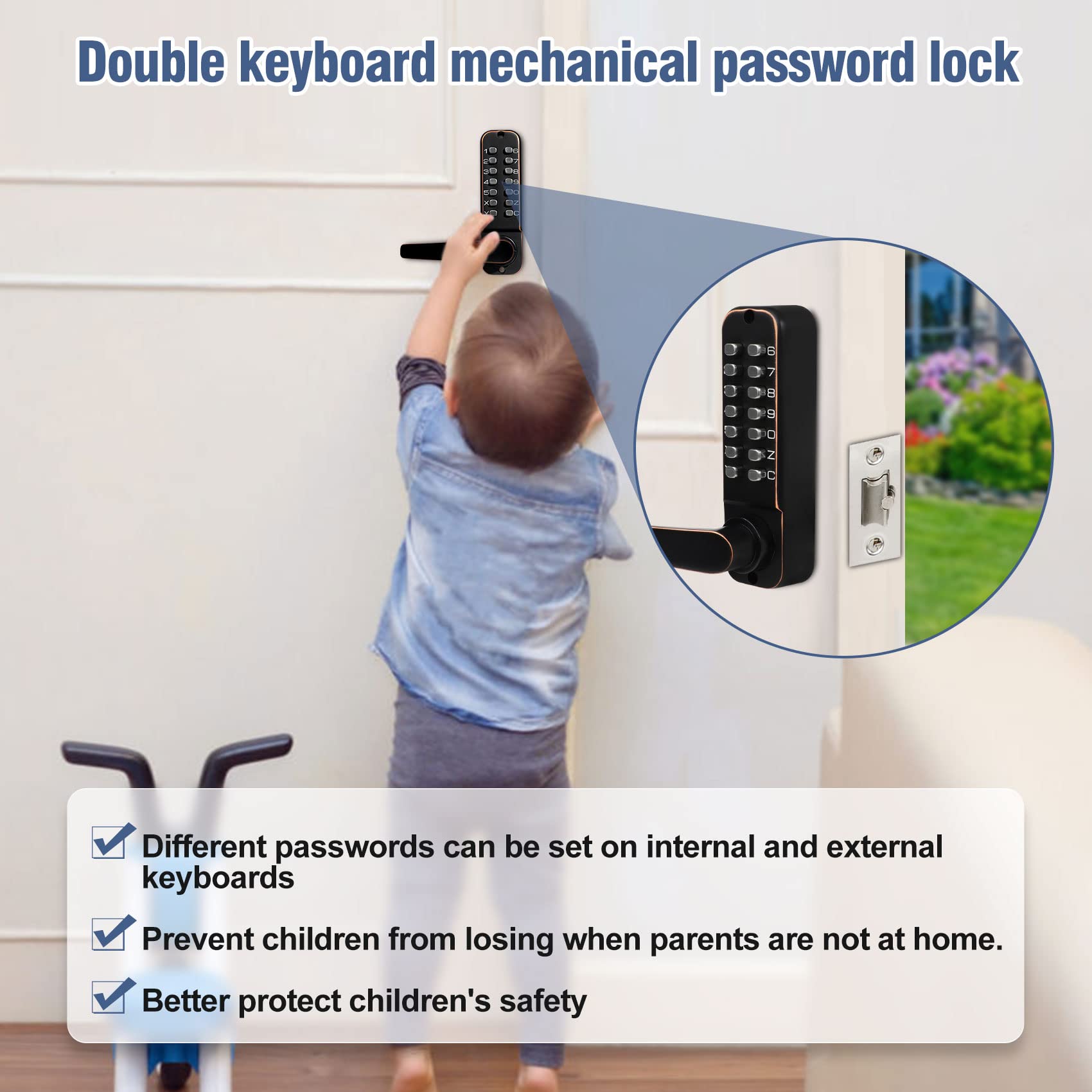 Smart Upgrade Double Sided Keypad Door Lock - Keyless Entry with Adjustable Deadlatch (2-3/8'' & 2-3/4'') - Weatherproof Outdoor Gate & Door Handle Lock in Black Gold - Perfect for Homes, Apartments, Offices & Commercial Buildings