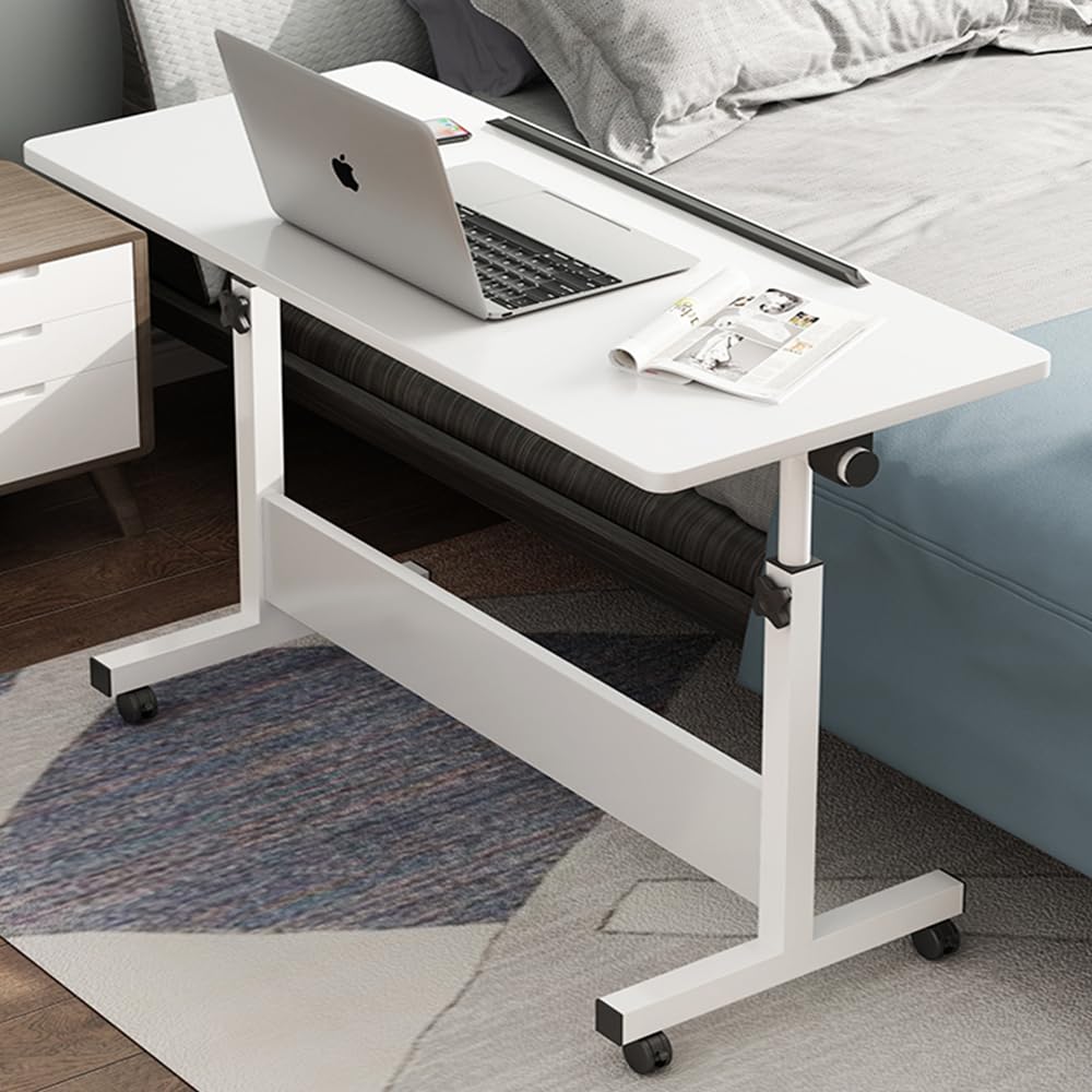 Adjustable Height Small Standing Desk - 31.5 Inch Folding Computer Desk for Home Office | Portable Laptop Desk with Wheels | Space-Saving Rolling Desk for Small Spaces (White, 31.5