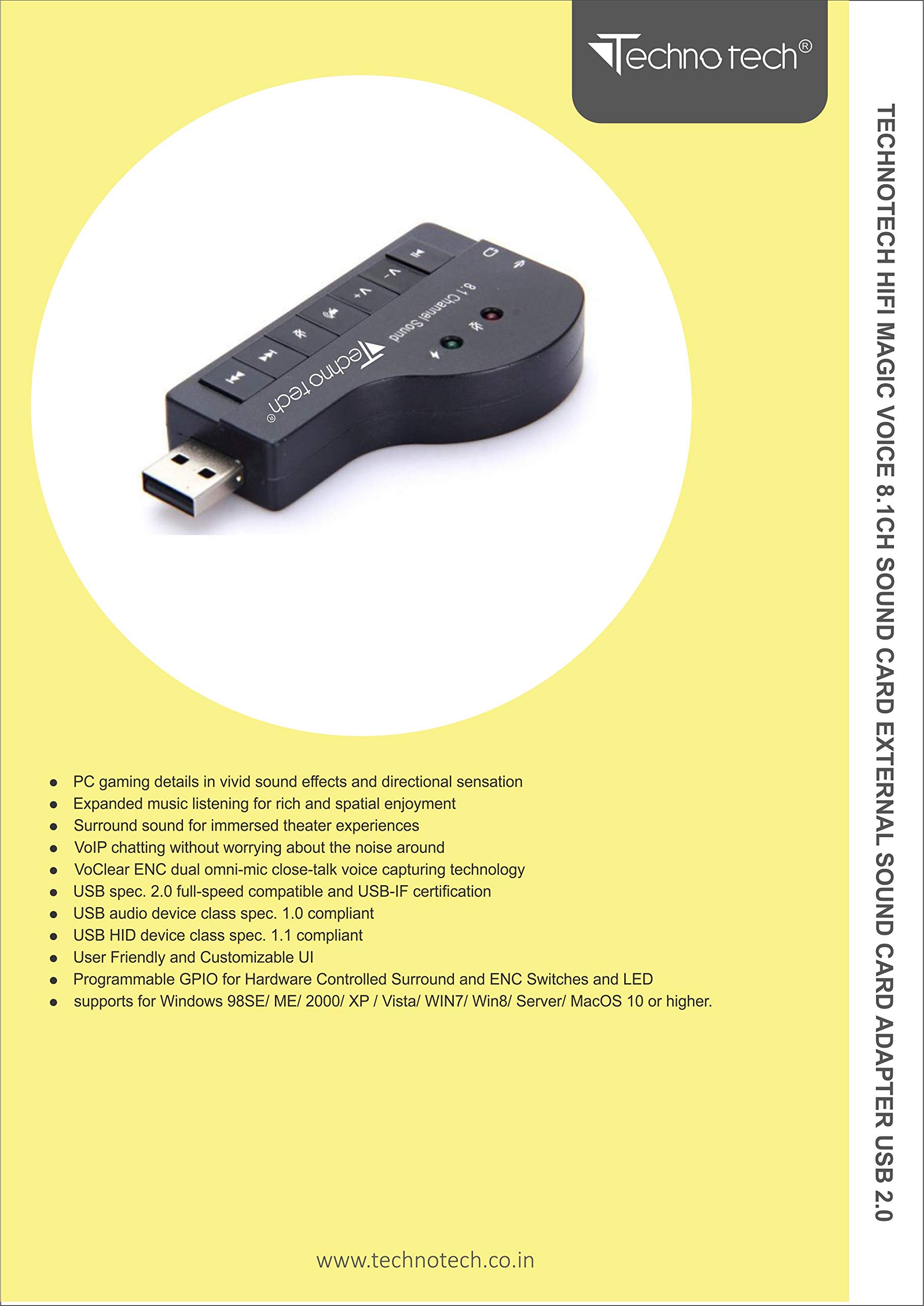 Technotech 8.1 Channel USB Sound Card Adapter - 3D Audio Converter for Windows & Linux (Black) | Perfect for Gaming, Music Production & Home Theater Systems