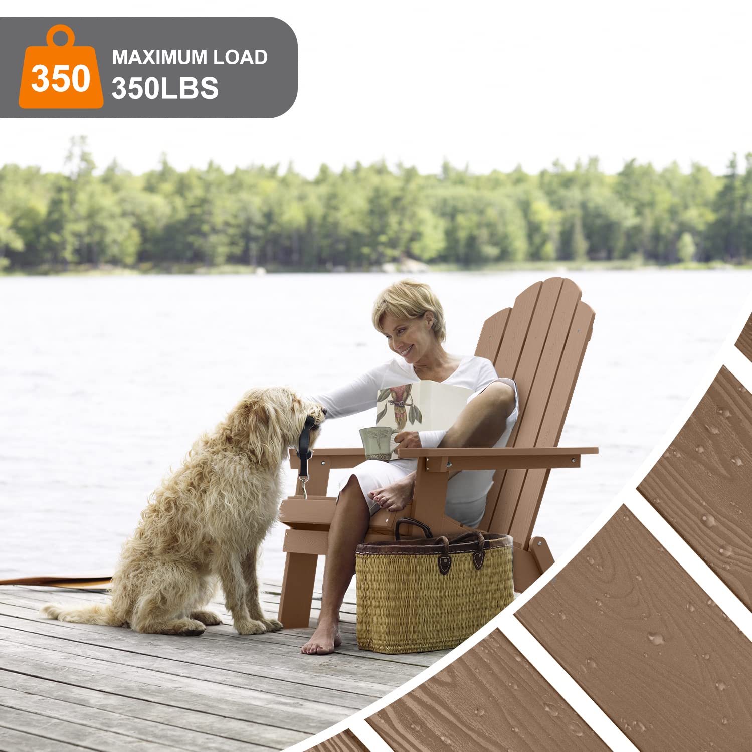 MXIMU Folding Adirondack Chair - Teak Plastic Outdoor Chair for Lawn, Backyard, Deck, Garden & Camping | Fire Pit Seating & Patio Relaxation