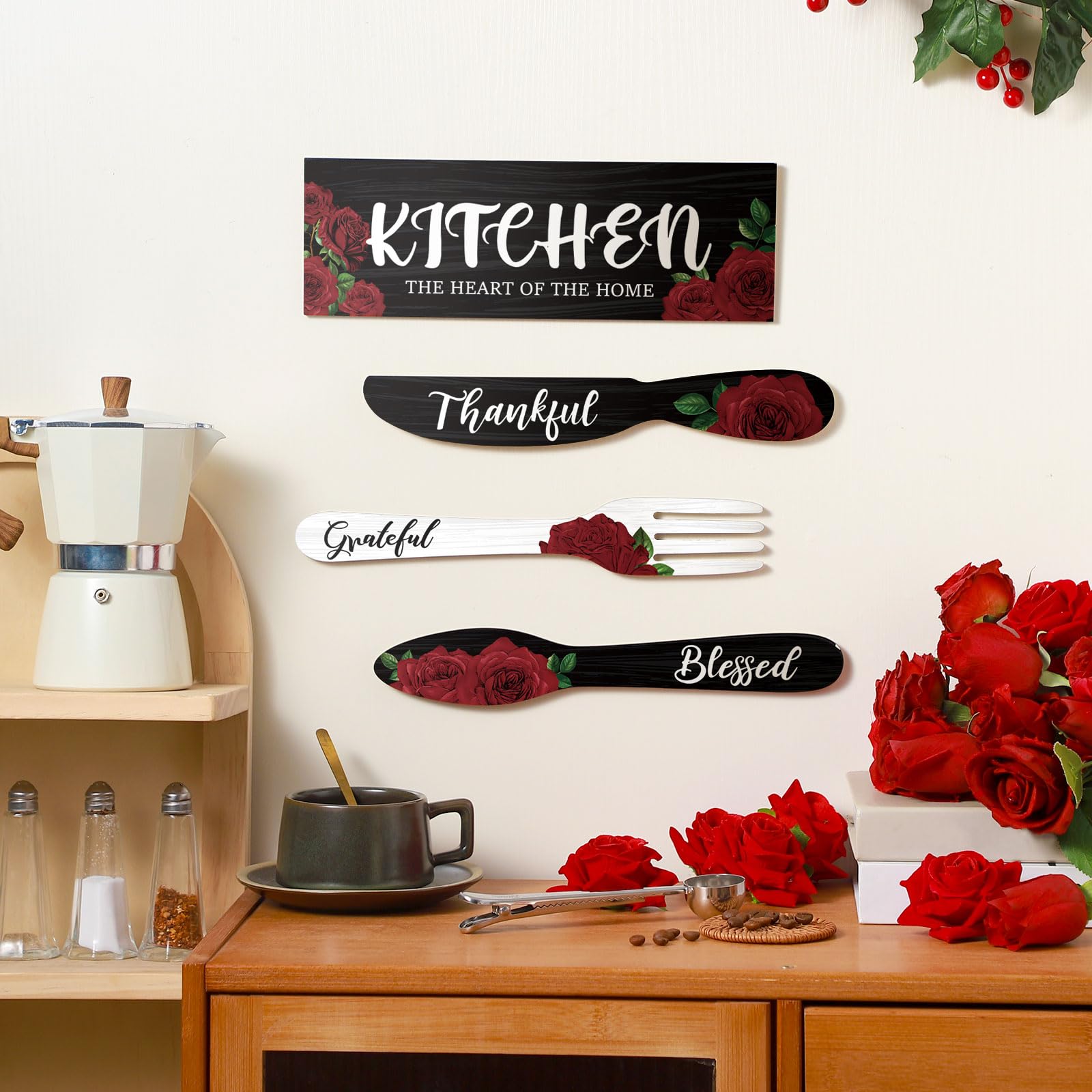 4 Pcs Red Rose Kitchen Wall Decor Set - Rustic Farmhouse Wooden Fork & Spoon for Wedding & Home Decor