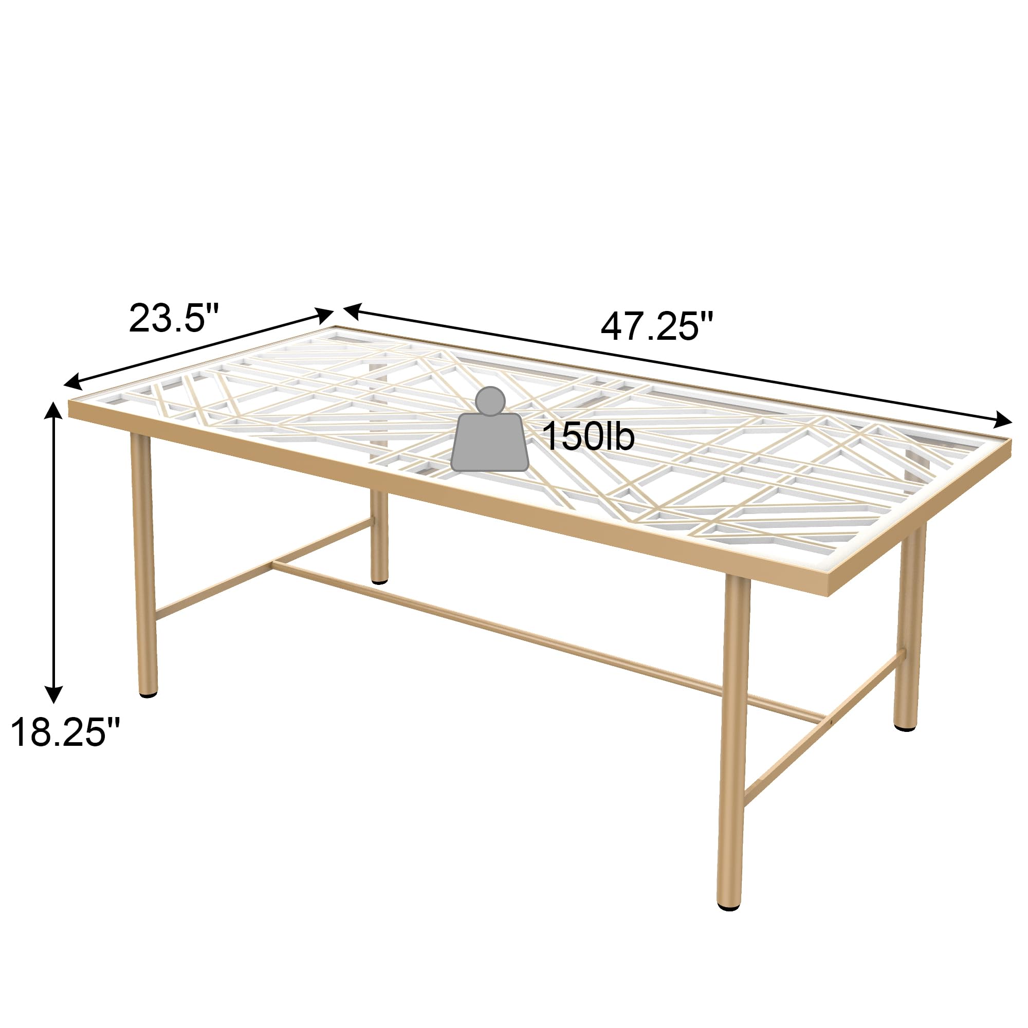 3D Hollow Carved Wood Panel Glass Coffee Table - Modern Metal Frame Center Table with Hand-Painted Gold Lines for Living Room, Office & Lounge - Rectangle Gold Accent Table for Home Decor & Entertaining