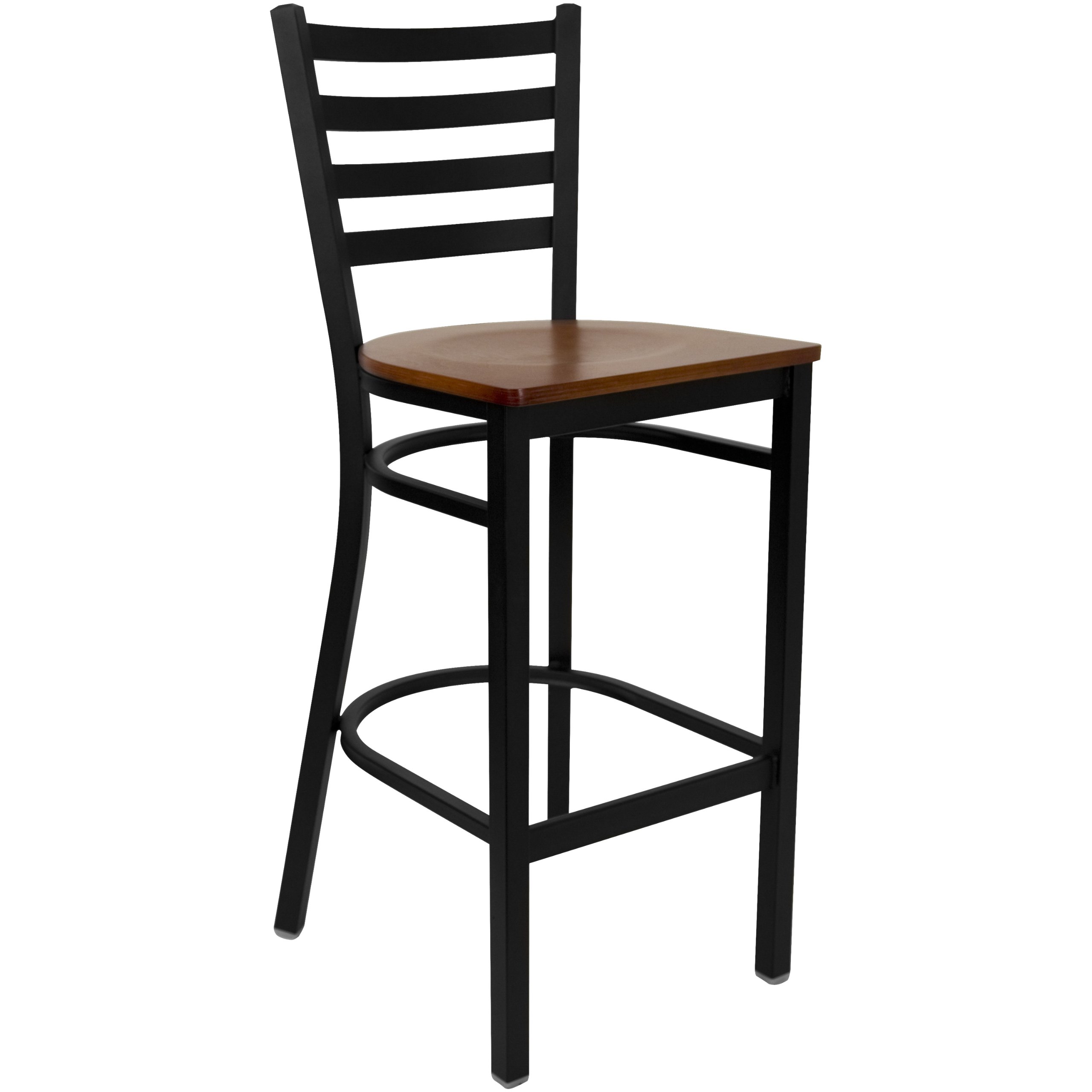 Black Metal Ladder Back Bar Stool with Cherry Wood Seat - Modern Restaurant & Kitchen Counter Stool for Dining, Bar, and Home Decor