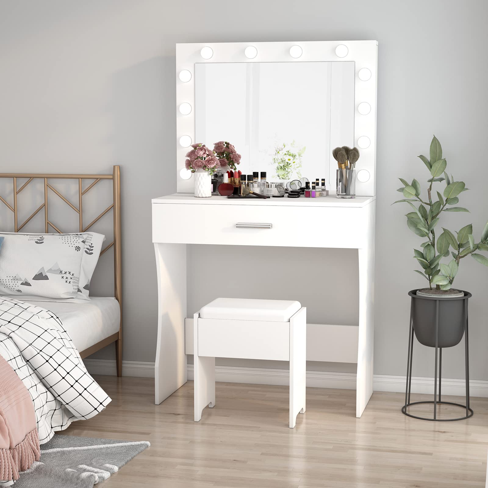 Vabches Makeup Vanity with LED Lights - Adjustable Brightness Dressing Table with Large Drawer, Sturdy White Vanity Desk for Bedroom, Studio, or Home Salon - Perfect for Makeup Application, Skincare Routine, and Self-Care Space