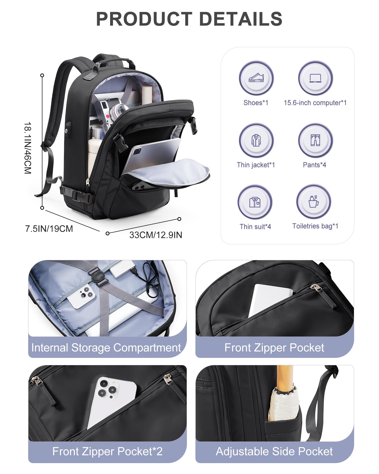 Women's Travel Backpack 18x13x8in - Flight Approved USB Charging Waterproof Carry-On for Commuting & Weekend Trips