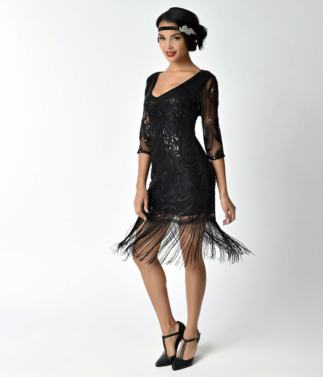 Vintage 1920s Black Beaded Sequin Flapper Dress with Fringe Sleeves - Roaring 20s Gatsby Party, Speakeasy Costume, Jazz Age Evening Gown for Women