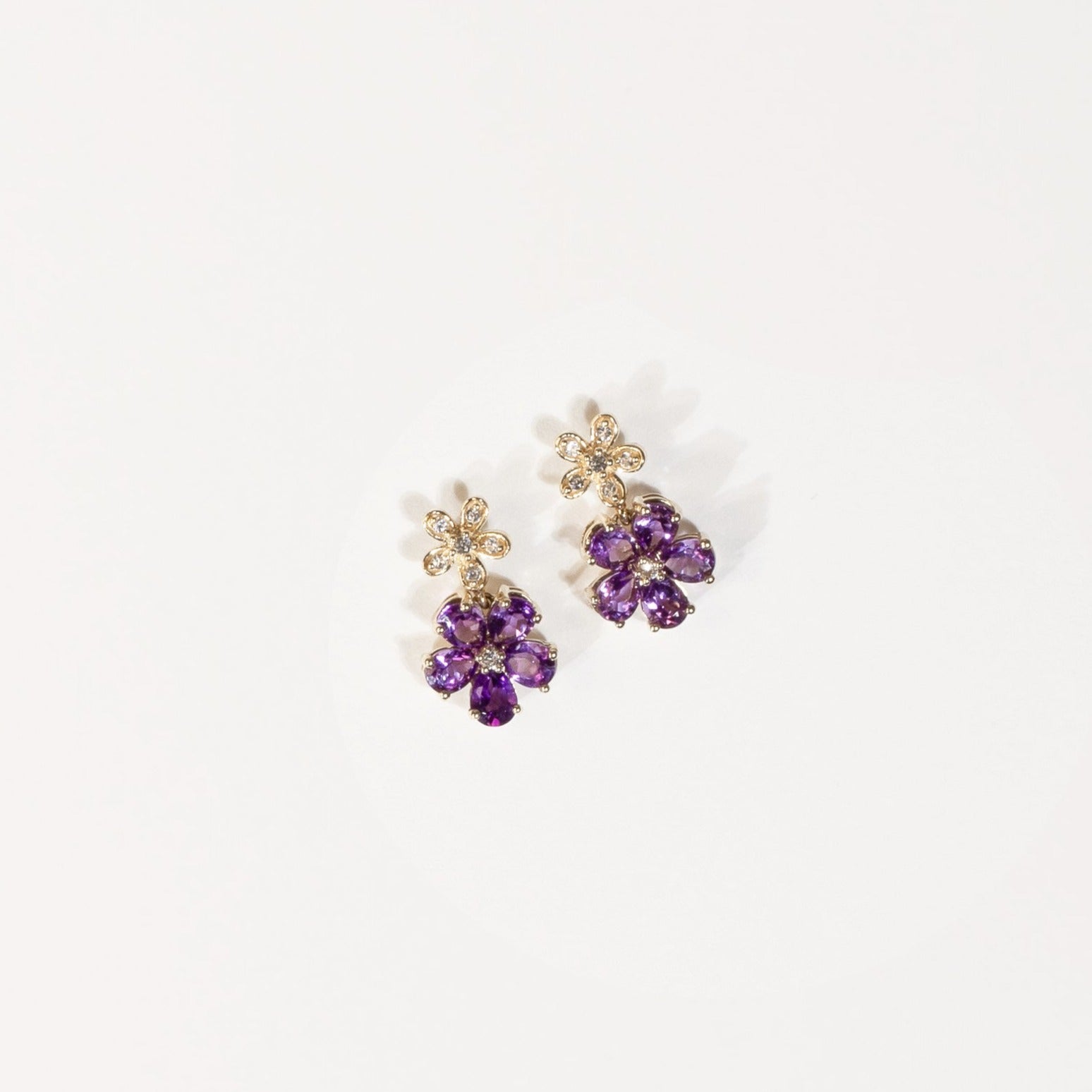 10k Yellow Gold Amethyst & White Sapphire Double Flower Drop Stud Earrings for Women – Elegant Jewelry Gift for Birthday, Anniversary & Special Occasions