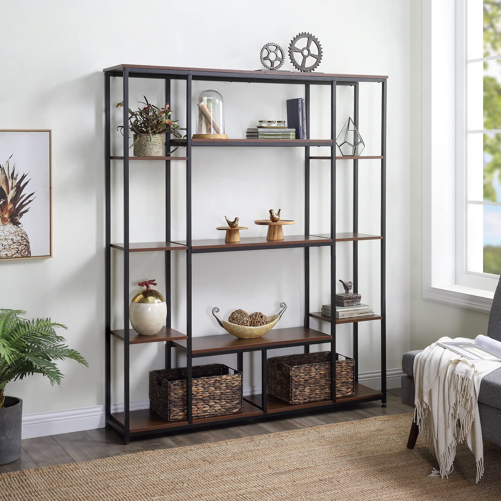 5-Tier Industrial Bookcase - Triple Wide Open Bookshelf for Home Office, Living Room & Bedroom - Rustic Brown Modern Shelf (Perfect for Organizing Books, Decor & Office Supplies)