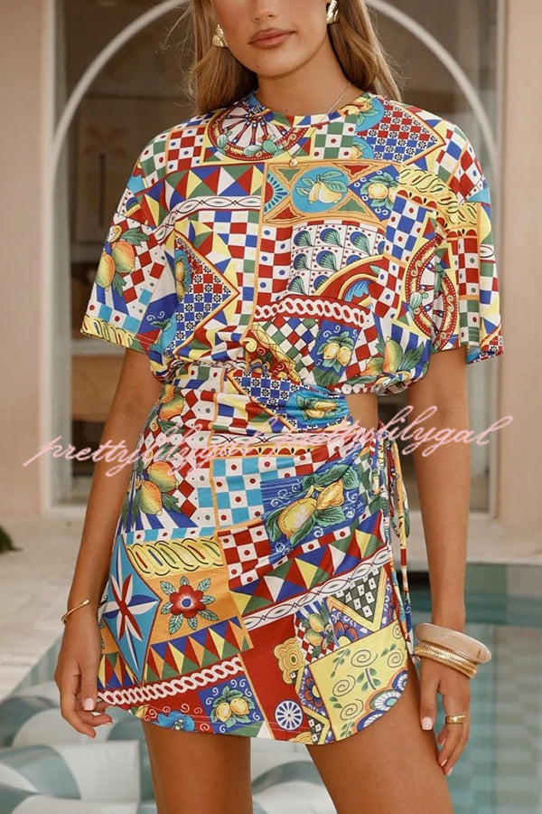 Stylish Geometric Print Short Sleeve Tie Waist Mini Dress for Women | Summer Casual Party Outfit | Perfect for Beach Vacations, Date Nights & Brunch Dates