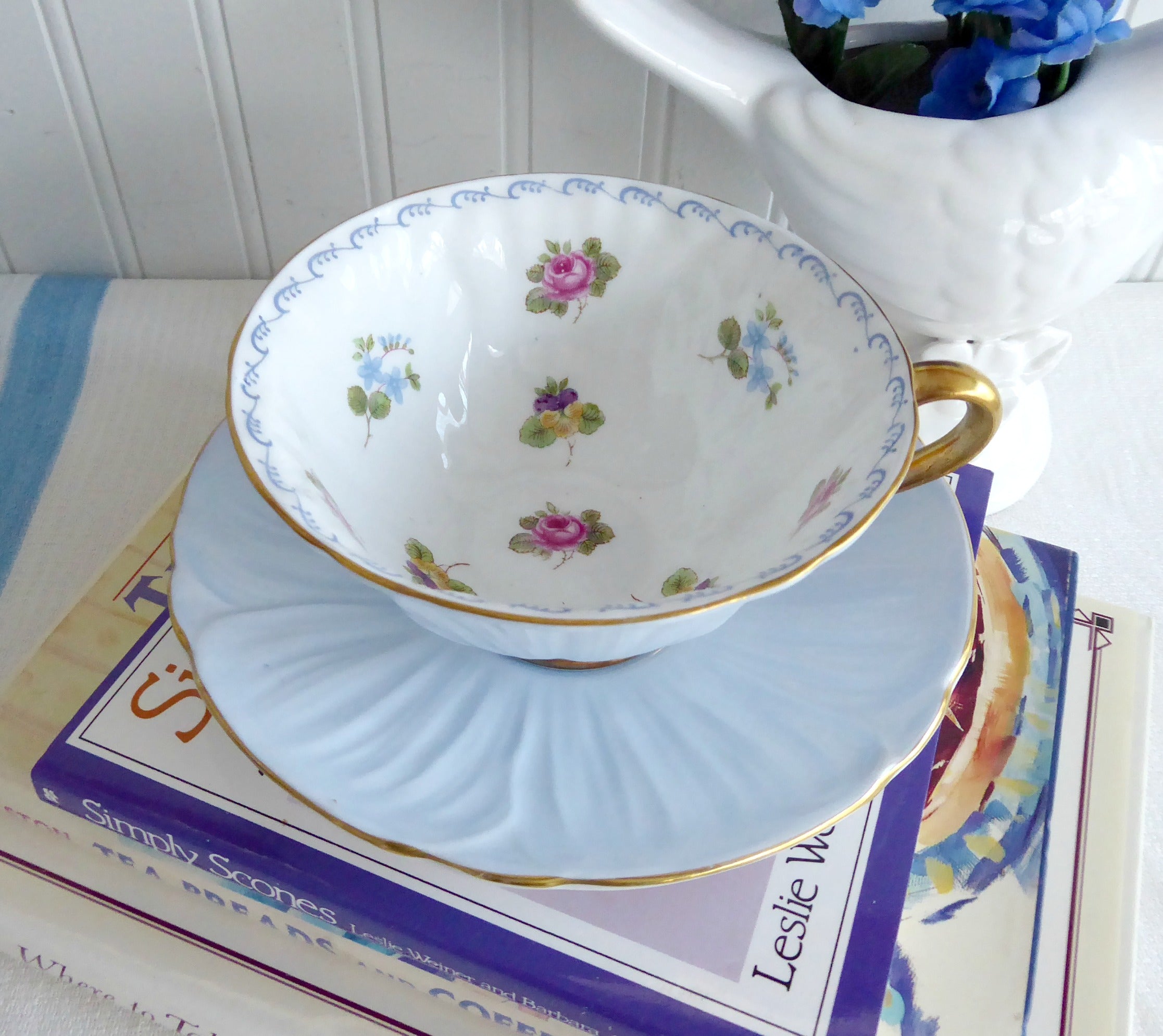 Shelley Antique Bone China Tea Cup and Saucer Set - Oleander Blue Rose Pansy Floral Design with Gold Trim - Perfect for Afternoon Tea, Vintage Tea Parties & Collectible Display