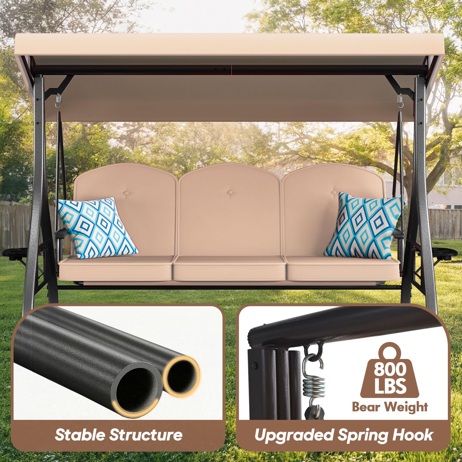 3-Seat Outdoor Porch Swing with Stand - 800lb Capacity, Adjustable Canopy & Removable Cushions - 2-in-1 Patio Glider Chair for Yard, Garden, Deck - Durable Square Tube Frame (Khaki) - Perfect for Relaxing, Lounging & Outdoor Entertaining