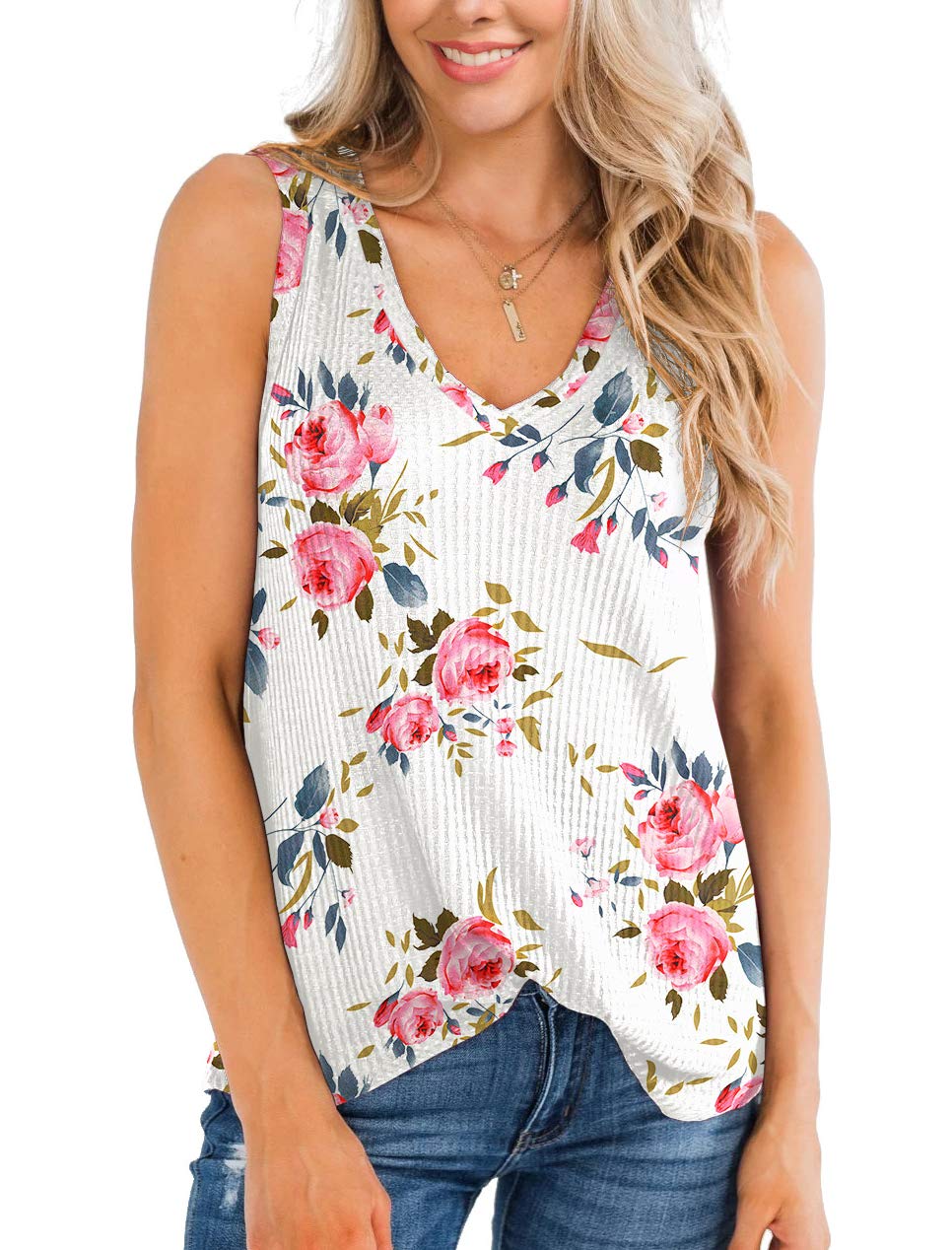 IWOLLENCE Women's Waffle Knit V-Neck Tank Top - Summer Casual Sleeveless Blouse - Loose Fit Breathable Shirt for Beach, Vacation & Everyday Wear
