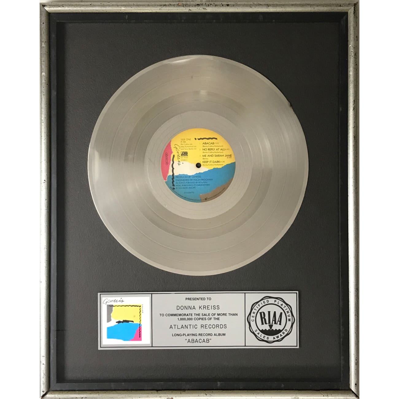 Genesis Abacab RIAA Platinum Album Award - Official Certified Music Record for Collectors & Fans - Perfect for Display in Home, Office, or Music Studio