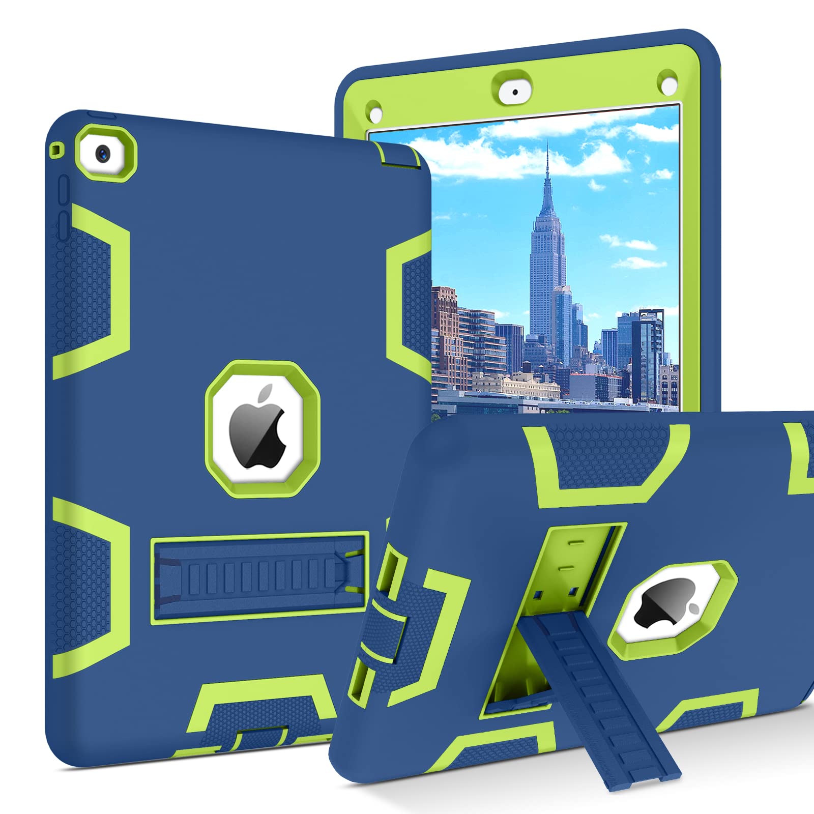 BENTOBEN 3-in-1 Heavy Duty Rugged Hybrid iPad Air 2 Case - Shockproof Hard PC & Soft Silicone Protective Cover with Kickstand for iPad Air 2 A1566/A1567 (2014 Model) - Navy Blue/Green - Perfect for Kids, Women & Men - Ideal for School, Work & Travel Protection