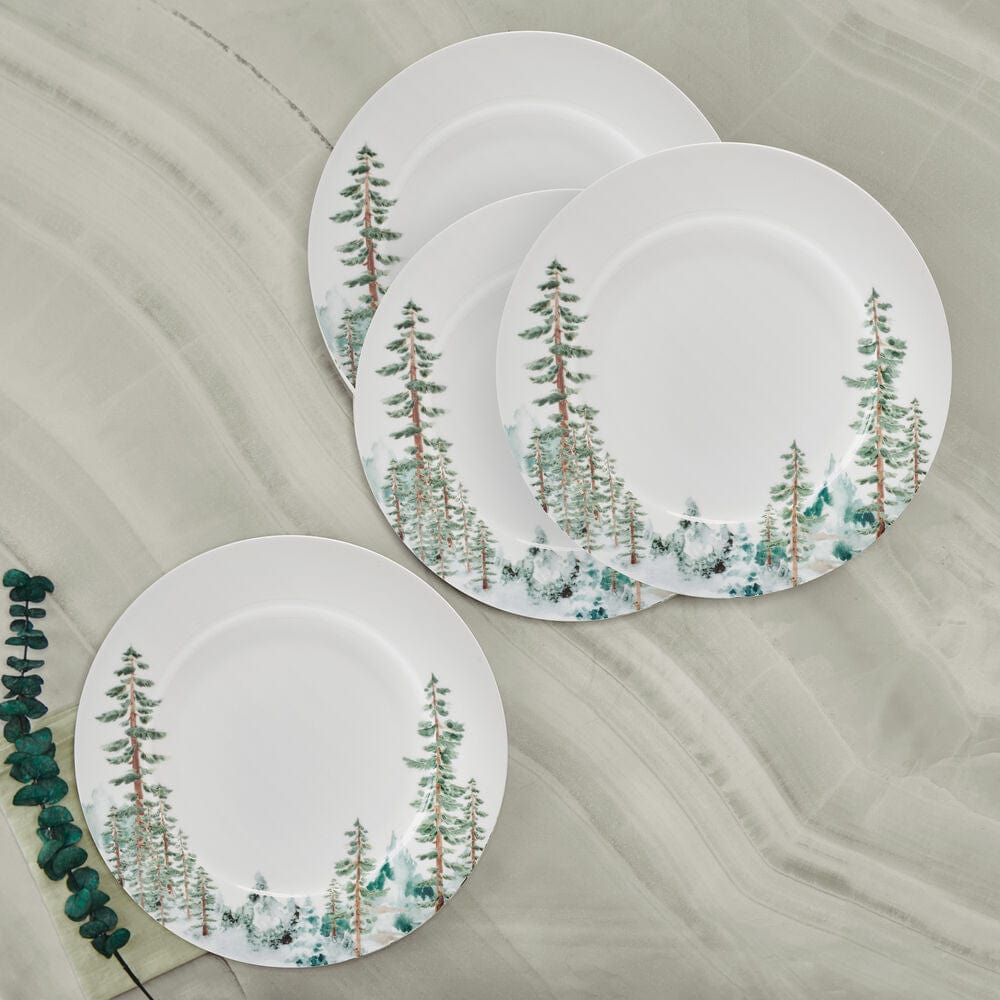 Set of 4 Watercolor Forest Design Ceramic Dinner Plates - Elegant Tableware for Home Dining, Parties & Gift Giving