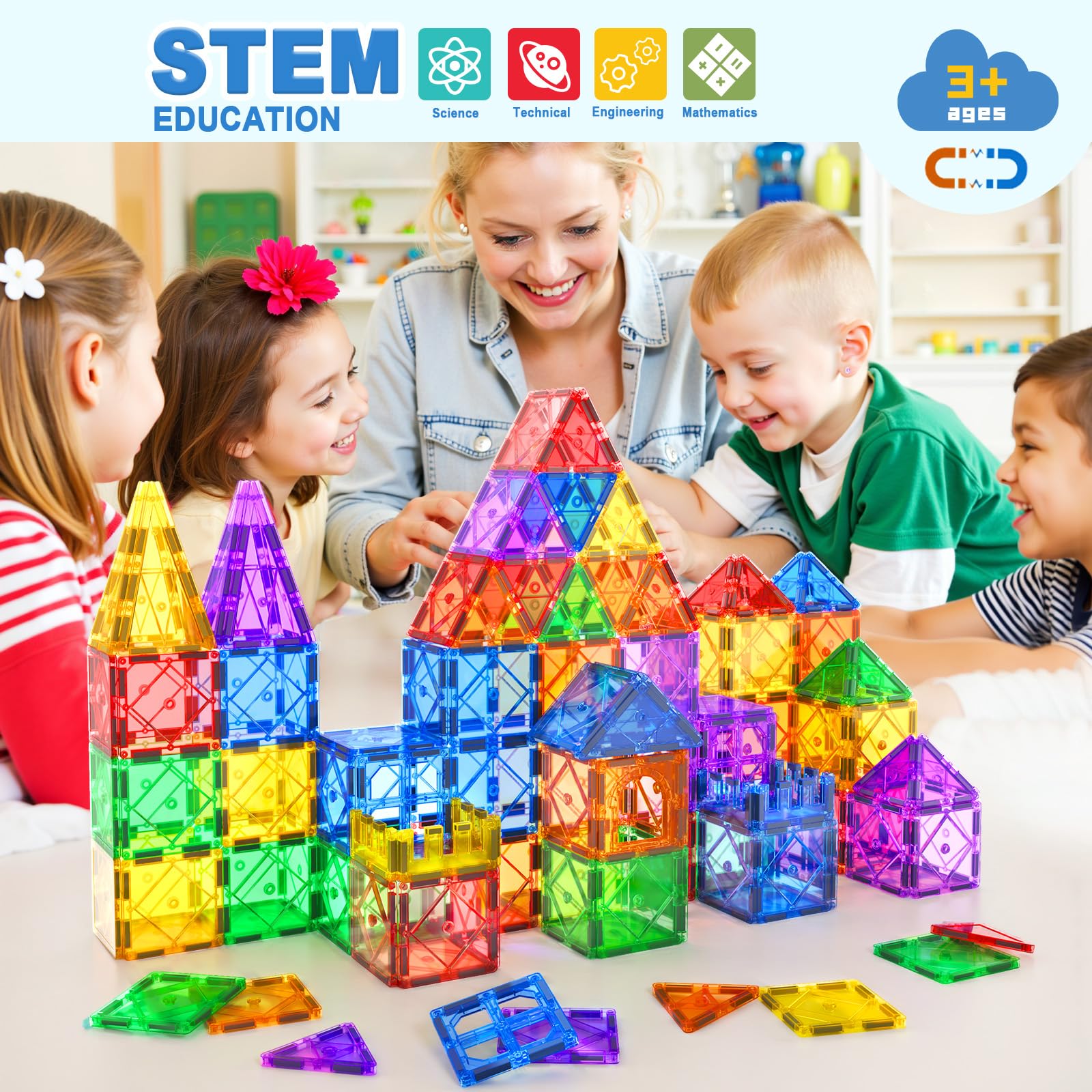 52PCS Magnetic Tiles Building Blocks - STEM Educational Toys for Kids Ages 3+ | Montessori Sensory Learning Toys for Toddlers Boys & Girls | Perfect for Classroom, Birthday Gifts & Creative Play at Home