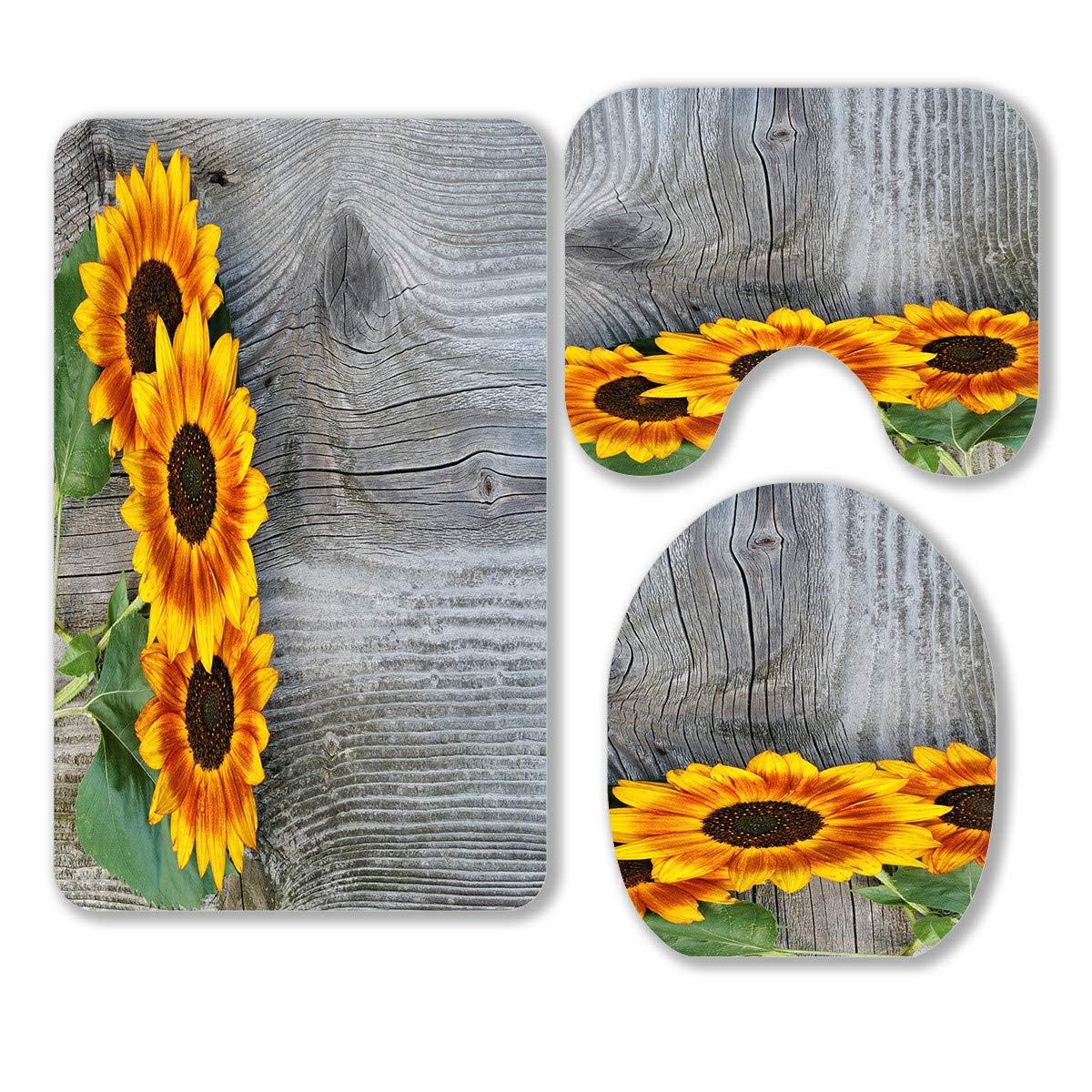 Vintage Sunflower 3-Piece Bathroom Rug Set - Non-Slip Bath Mat, Contour Mat & Toilet Lid Cover - Soft Absorbent Cotton - Farmhouse Decor for Bathroom, Laundry Room & Powder Room