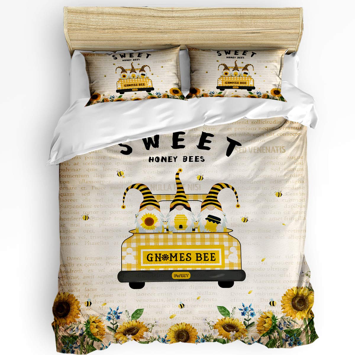 Sunflower Full Bedding Set 3-Piece - Comforter, Duvet Cover & Pillow Shams for Teens Boys Girls - Vintage Honey Bee & Gnome Design - Perfect for Kids Bedroom, Dorm Room & Cozy Home Decor