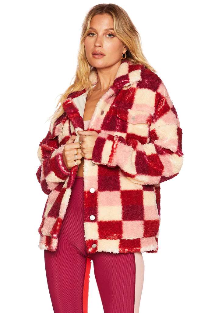 Beach Riot Women's Laurie Jacket - Sangria Red Checkered Lightweight Cover-Up for Beach, Pool & Summer Outings