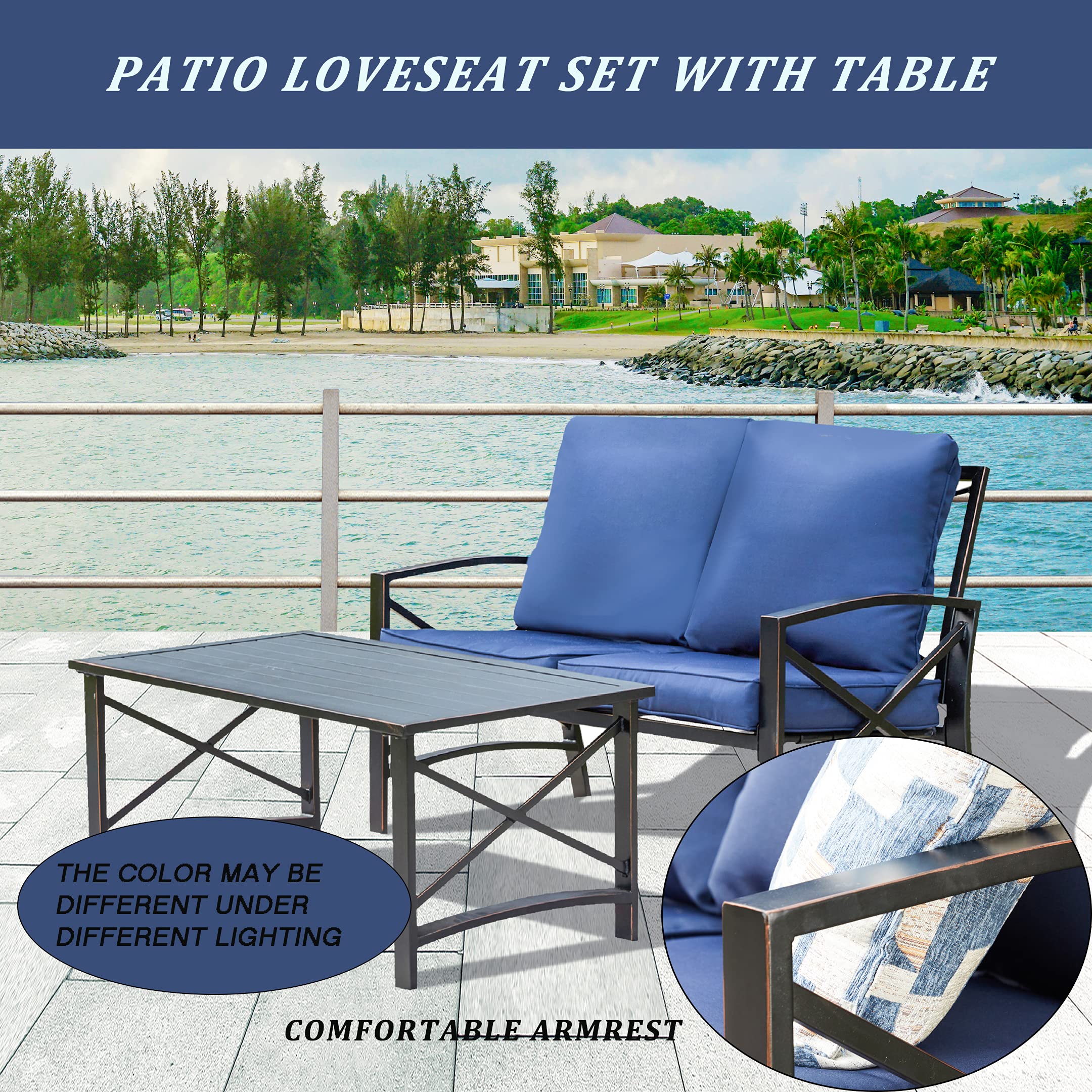 LOKATSE HOME 2-Piece Outdoor Loveseat Set with Cushions & Coffee Table - Durable Metal Patio Conversation Furniture in Blue - Perfect for Garden, Backyard, Poolside or Balcony Relaxation
