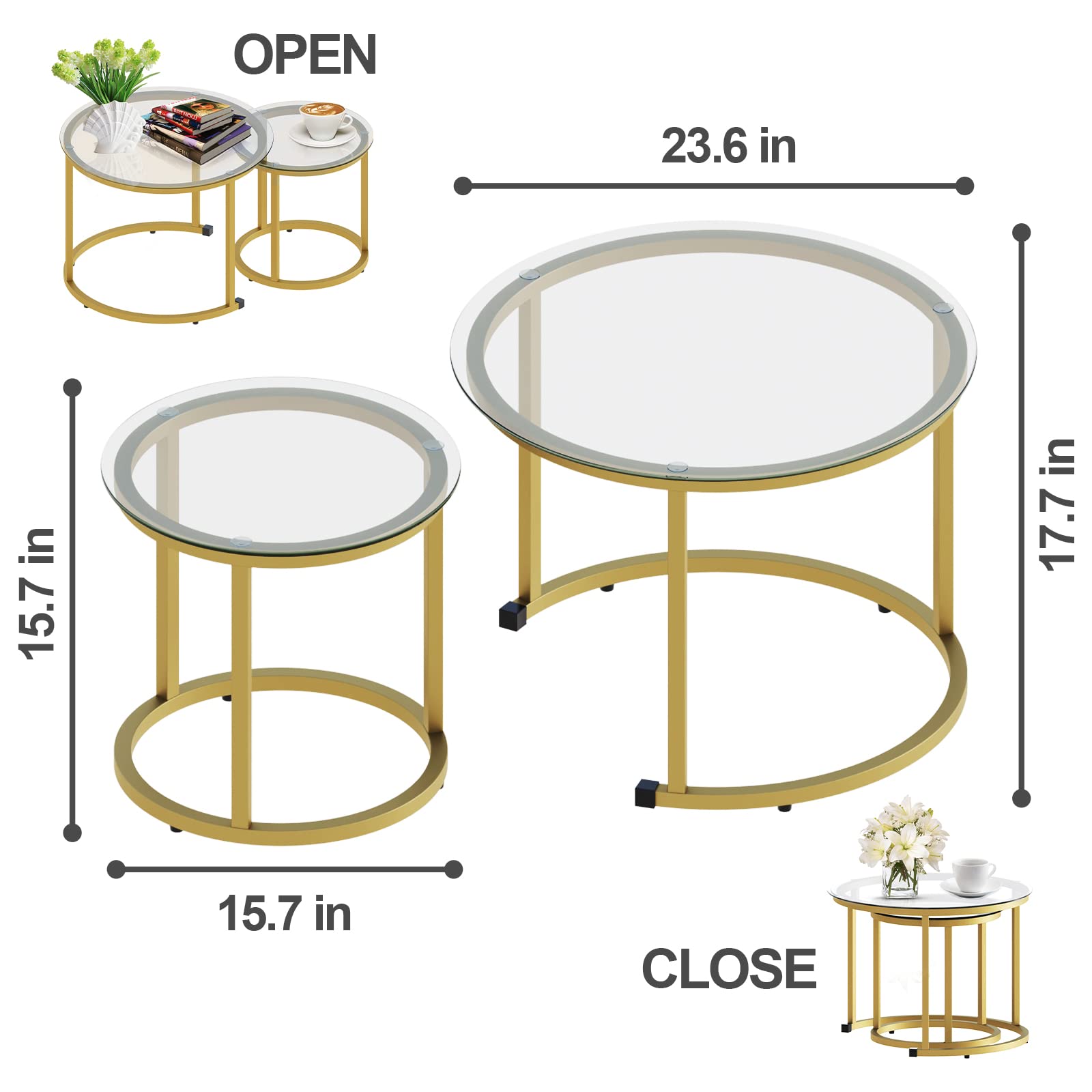 aboxoo Gold Nesting Coffee Table Set of 2 - Modern Industrial Round Glass Side Tables with Metal Frame for Living Room, Bedroom & Office - Perfect for Tea Time, Reading Nook or Lounge Area Decor