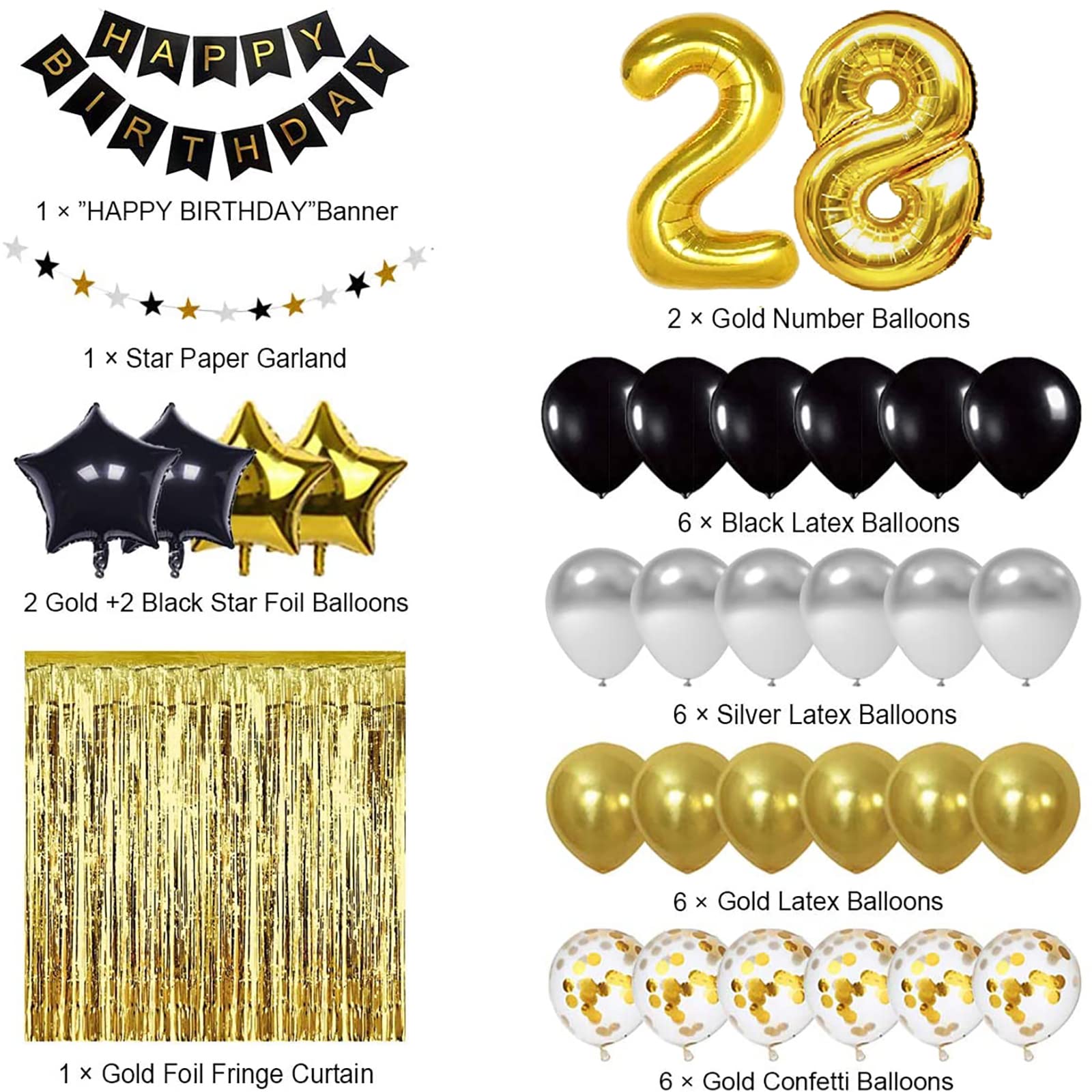 28th Birthday Party Decorations - Black & Gold Happy Birthday Banner, Number 28 Balloons & Decoration Supplies for 28 Years Old Celebration | Perfect for Adult Birthday Parties, Milestone Events & Photo Backdrops