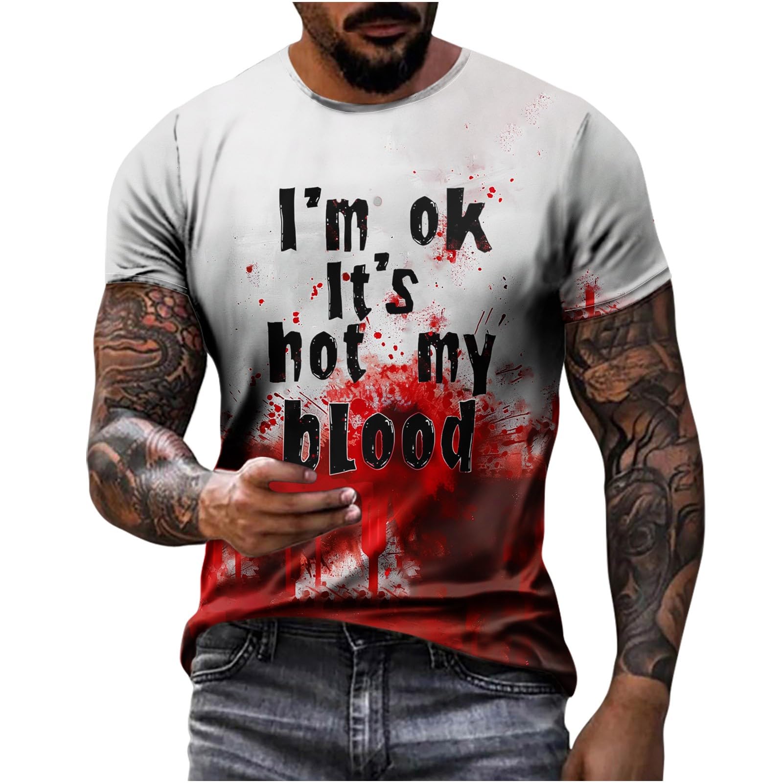 Funny Halloween Graphic T-Shirt for Men - 'I'm OK It's Not My Blood' Novelty Short Sleeve Tee | Perfect for Costume Parties, Horror Conventions & Casual Wear