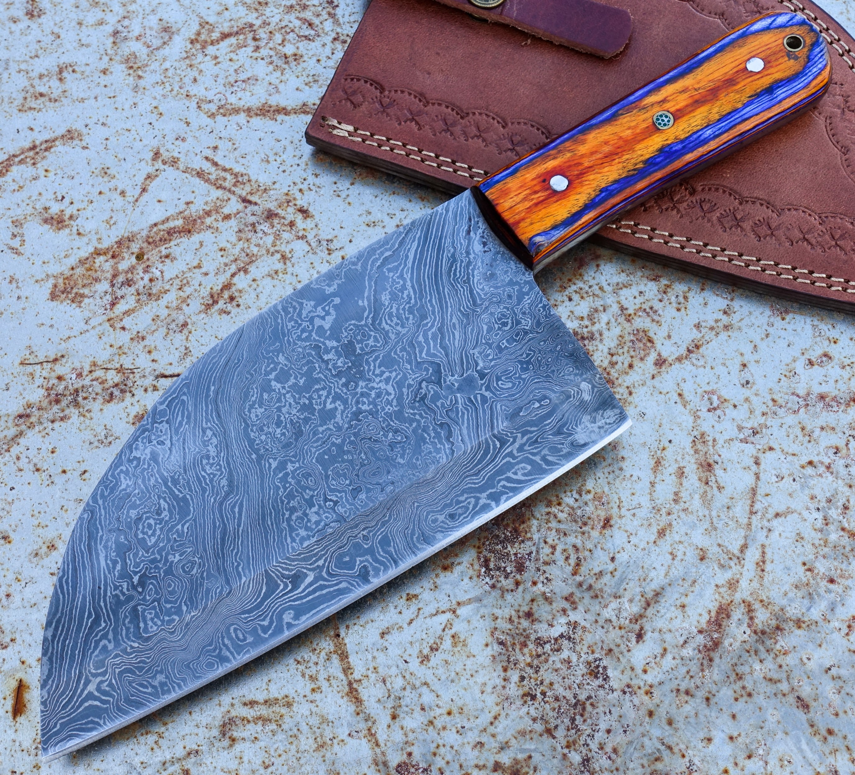 Premium HK Knives 7-Inch Damascus Steel Cleaver with Protective Sheath - Professional Chef Knife for Meat Cutting, Vegetable Chopping & Kitchen Cooking Tasks