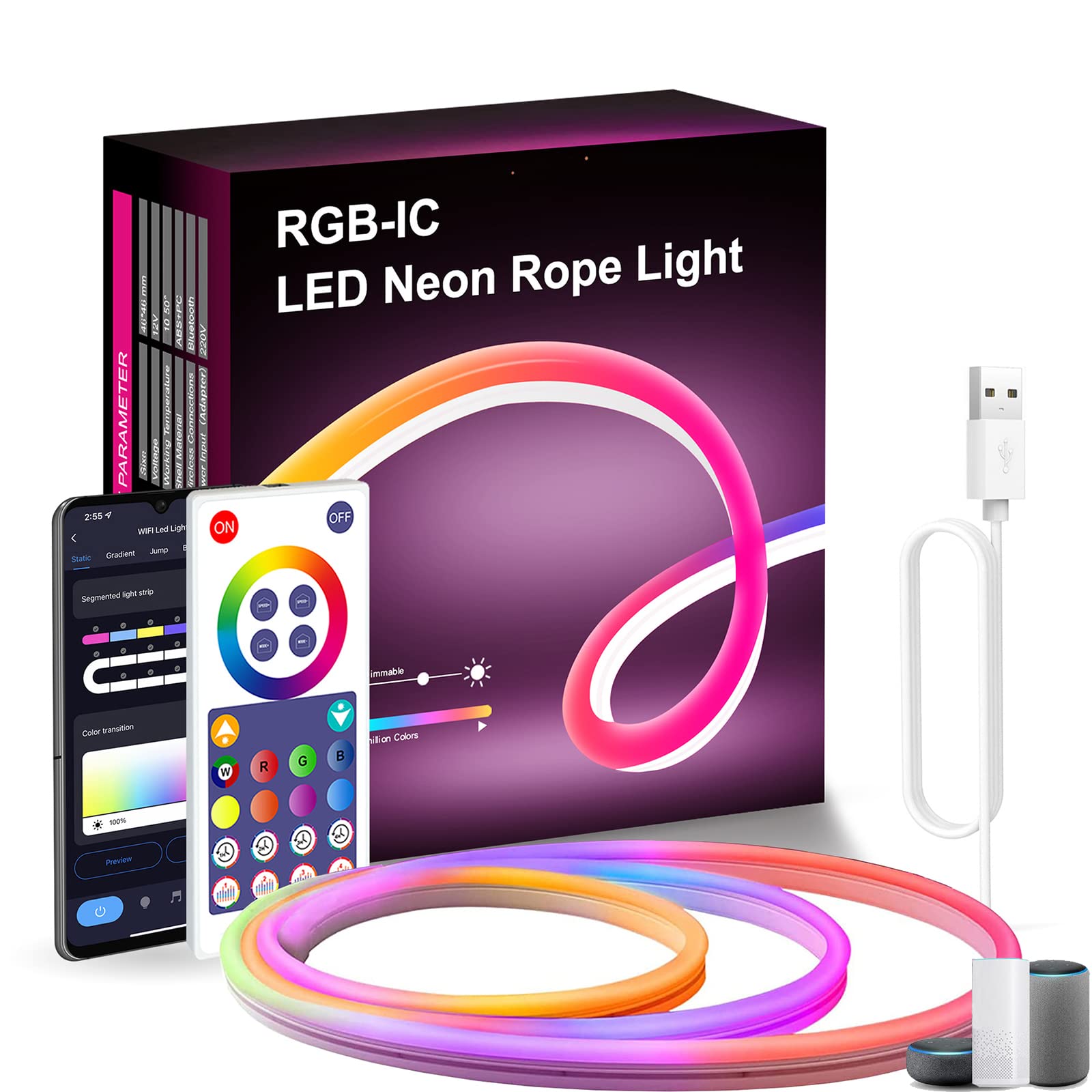 Smart Neon Rope Lights 10FT - RGBIC LED Strip Lights with Music Sync & DIY Lighting Modes, Works with Alexa & Google Assistant - Perfect for Bedroom, Living Room, Gaming Setup, Party Decor & Outdoor Lighting