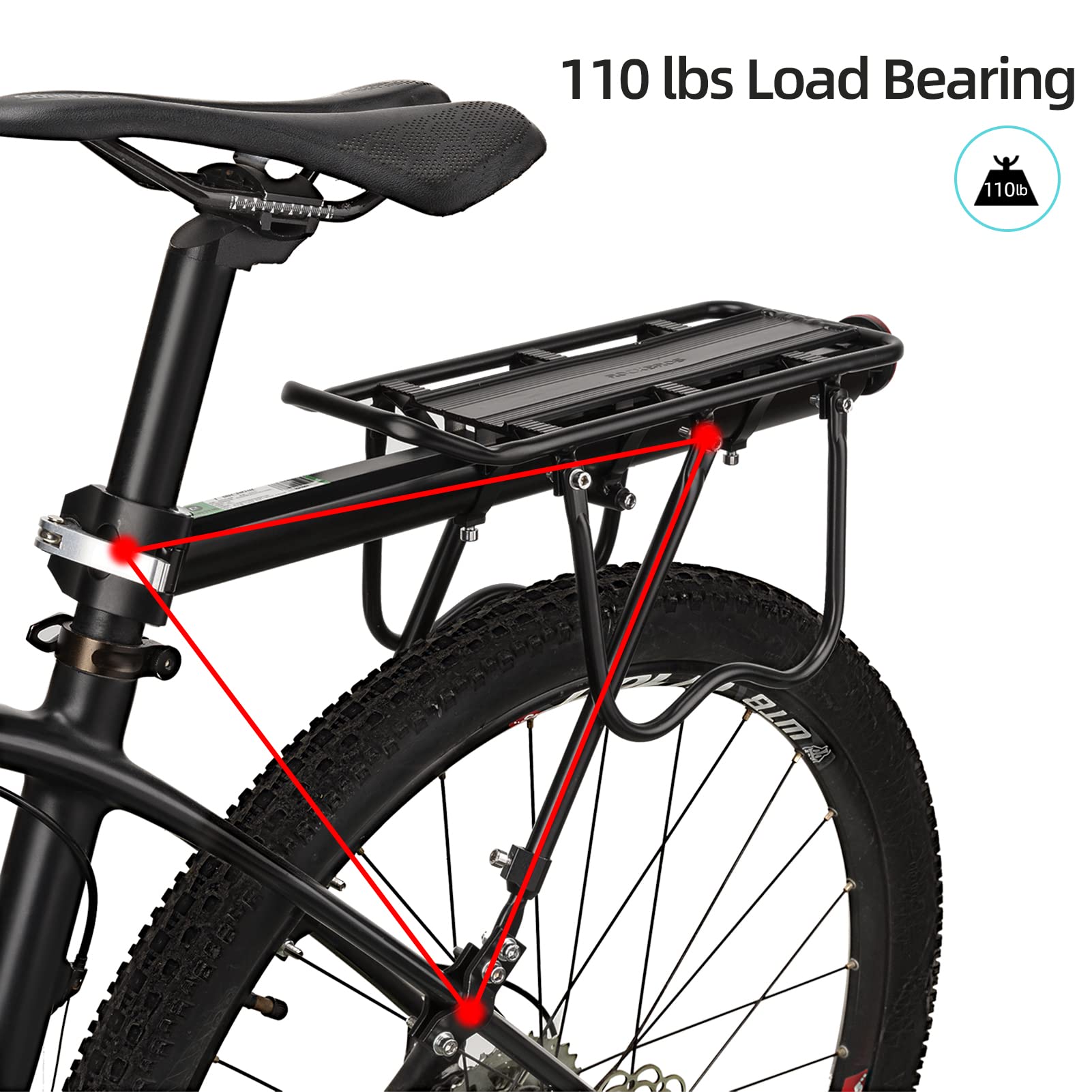 ROCKBROS Quick Release Rear Bike Cargo Rack - Heavy Duty 165lbs Capacity Mountain Bicycle Luggage Carrier for Commuting, Touring & Outdoor Adventures
