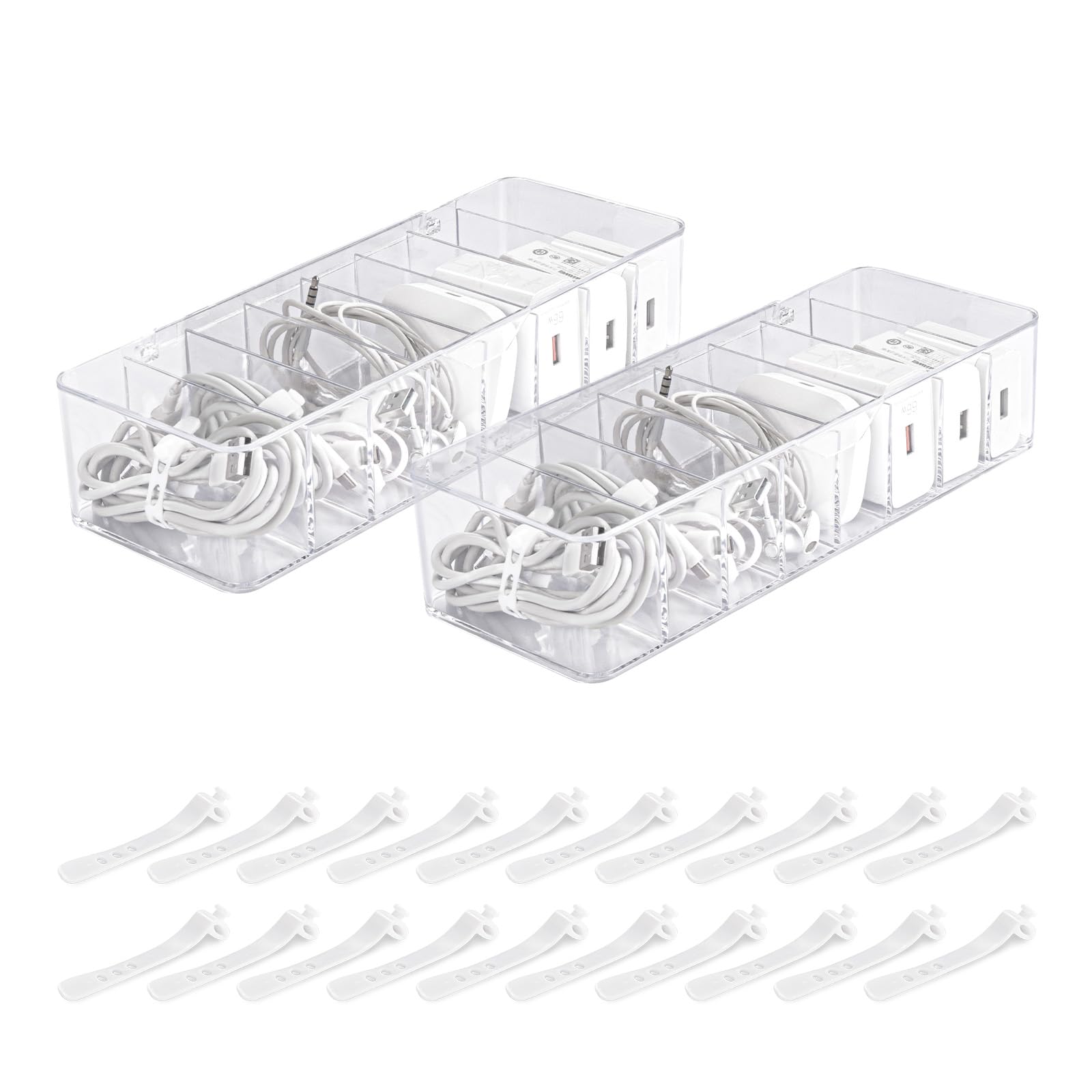 HOMEE 2-Pack Clear Plastic Cable Organizer Box with Lid - 8 Compartment Cord Storage for Chargers, Wires & Electronics - Perfect for Home, Office Drawer & Travel Organization (Cable Management Solution)