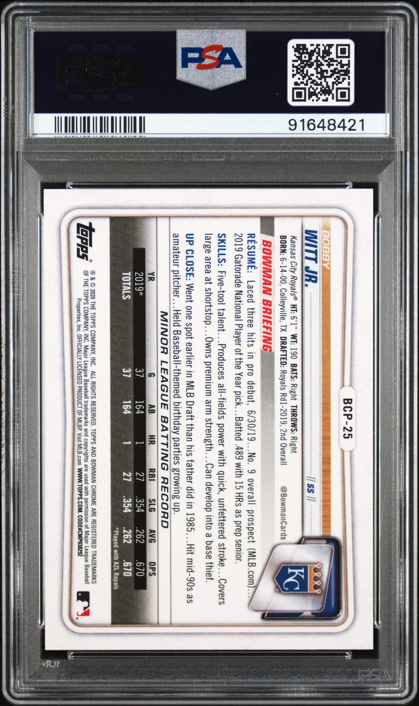 2020 1st Bowman Chrome Bobby Witt Jr. Rookie Card PSA 10 Gem Mint - Perfect for Baseball Card Collectors and Sports Memorabilia Enthusiasts