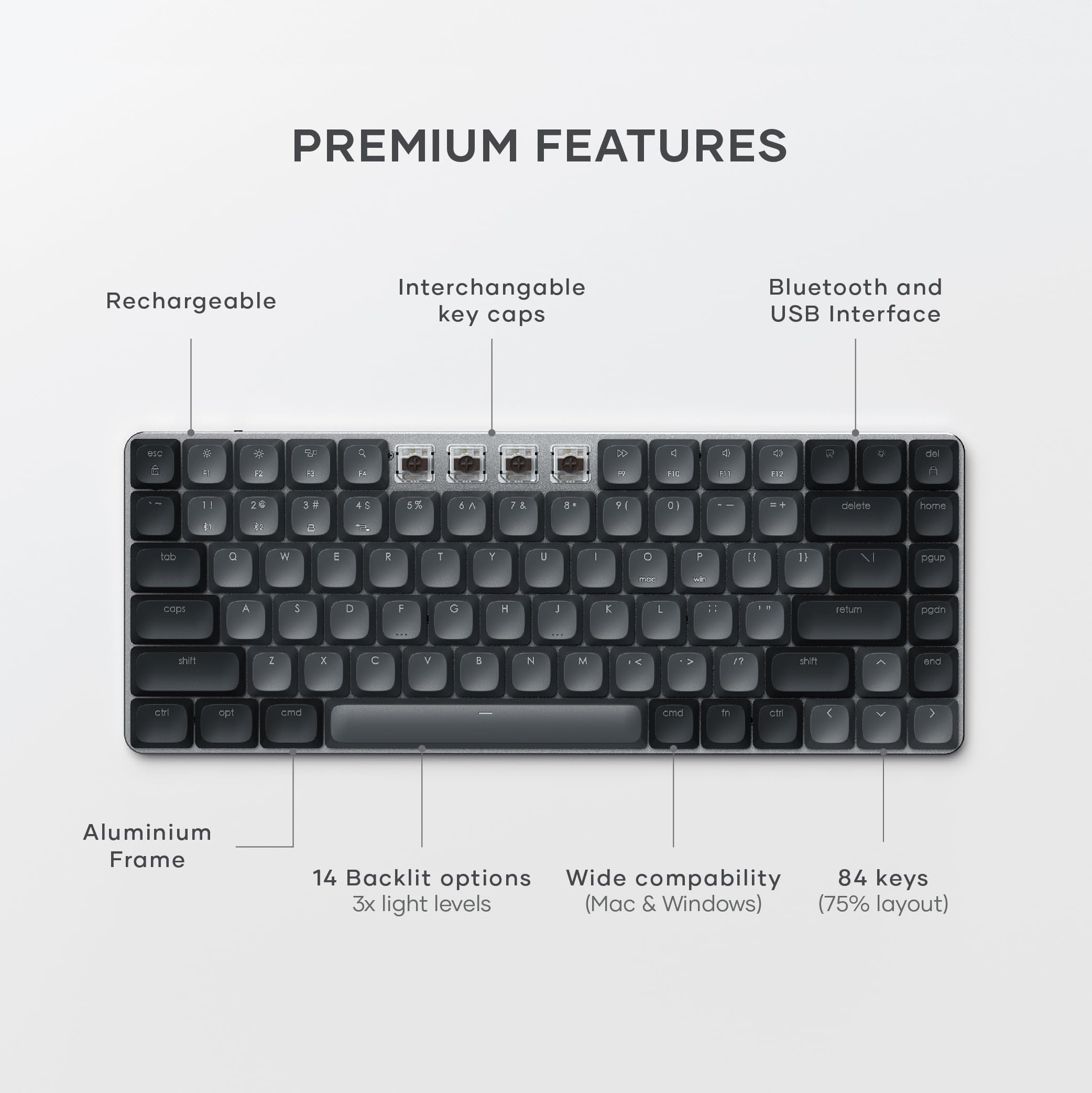 Satechi SM1 75% Mechanical Keyboard - Bluetooth Wireless LED Backlit Gaming Keyboard (84 Keys Compact Design) for Mac & Windows - Dark Gray/Gray | Perfect for Office Work, Gaming & Programming