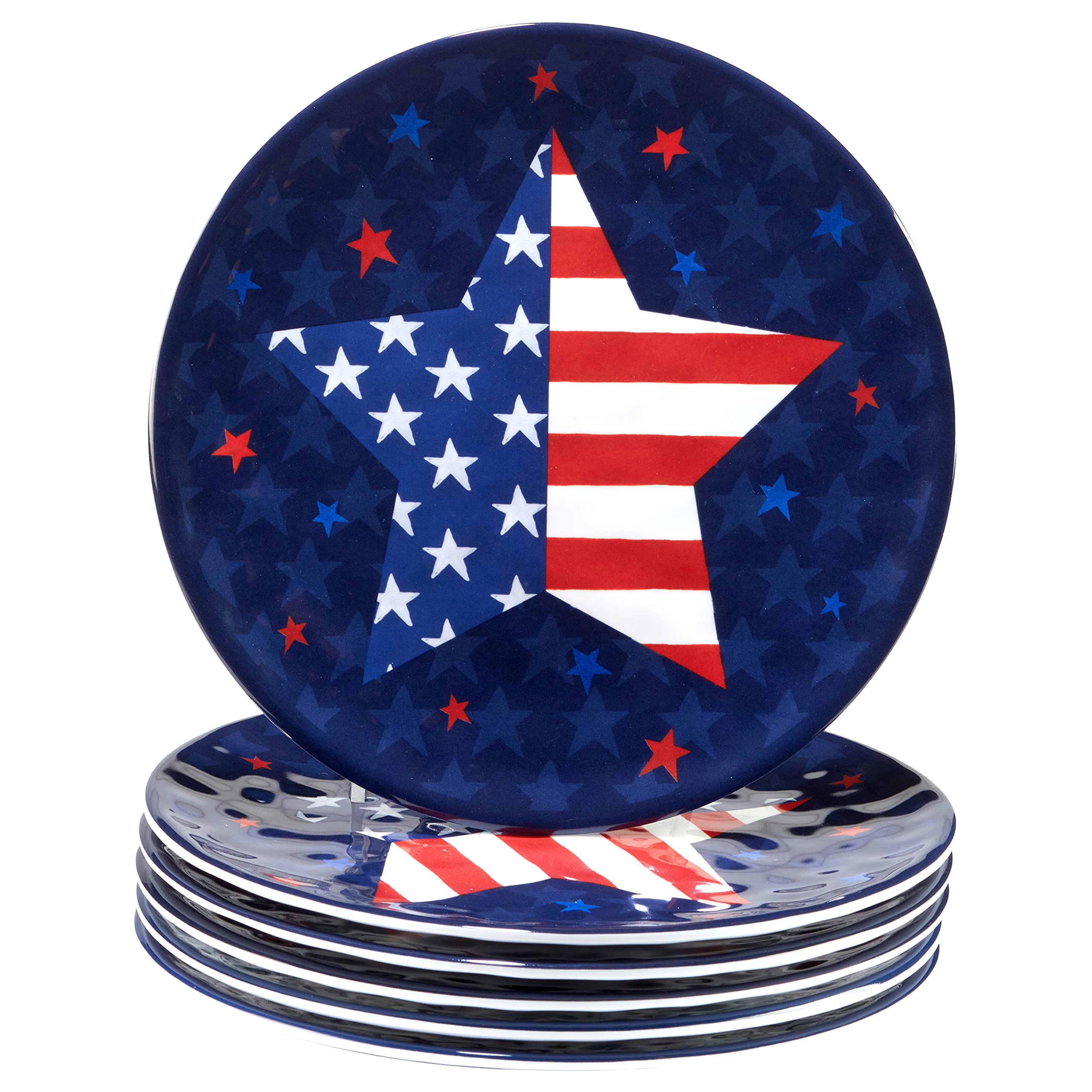 Certified Stars & Stripes 9-Inch Melamine Salad and Dessert Plates - Set of 6 Colorful Patriotic Dishware for BBQs, Picnics & 4th of July Parties