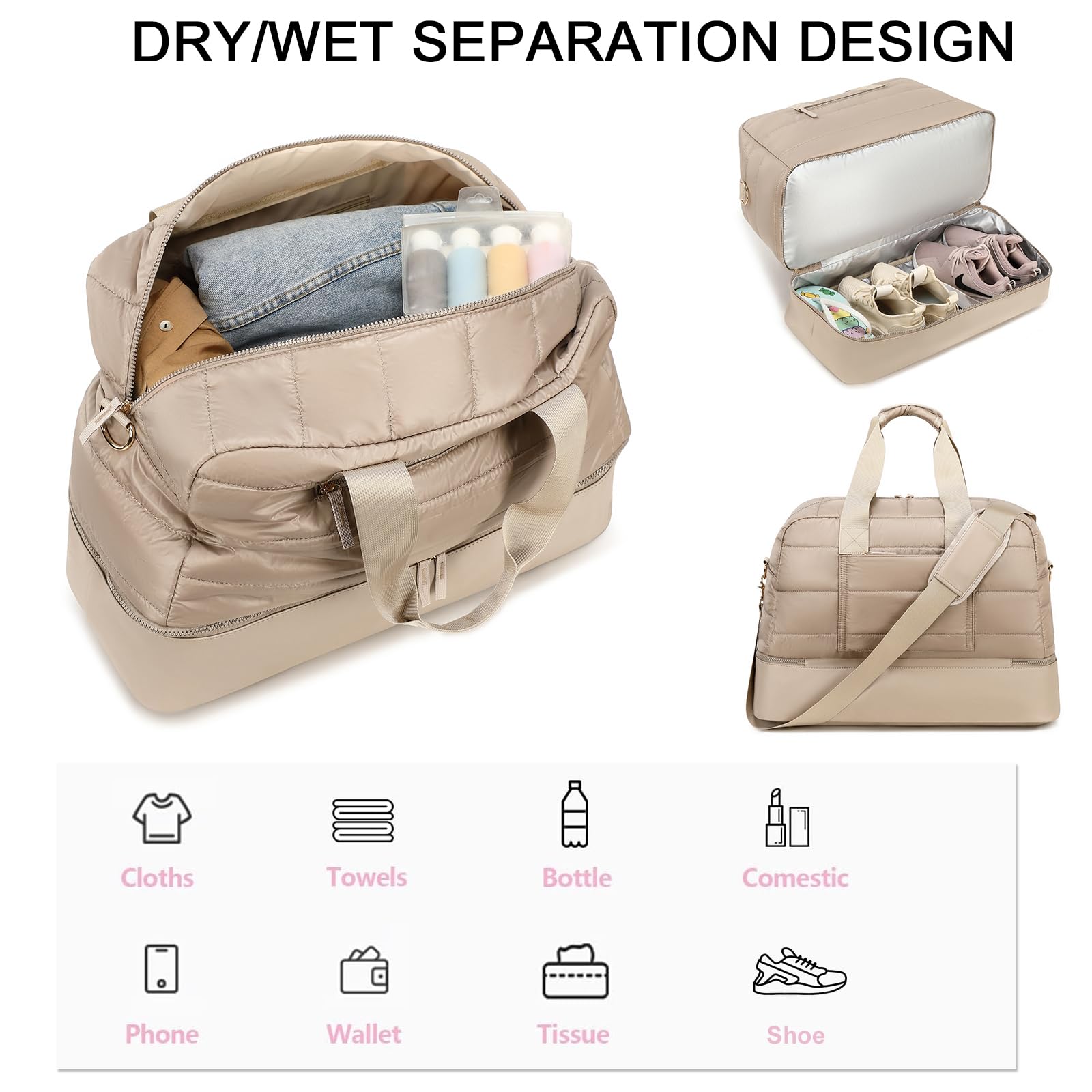 Stylish CAMTOP Quilted Puffer Weekender Bag for Women - Travel Duffle with Shoe Compartment | Perfect Carry-On Overnight Tote for Weekend Getaways, Gym, and Business Trips