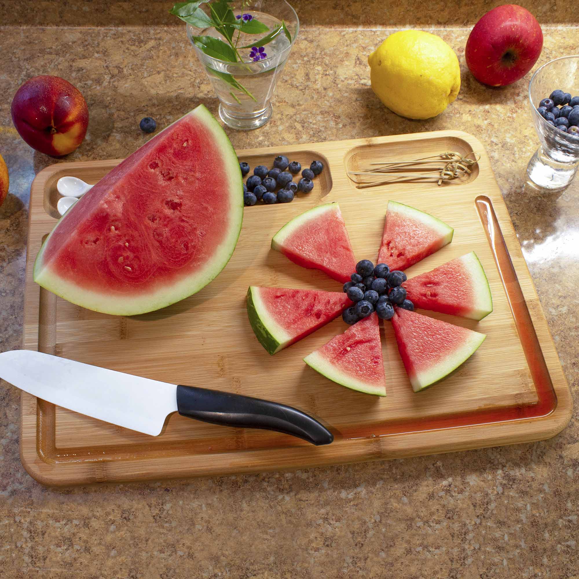 3-Well Kitchen Cutting Board with Juice Grooves, 17.5