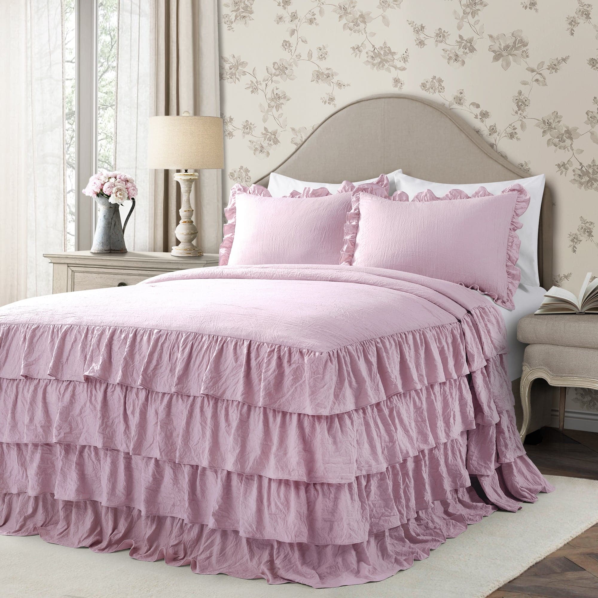 Allison Ruffle Skirt Bedspread Set - Elegant Floral Printed Queen Size Bedding with Ruffled Skirt | Perfect for Master Bedroom, Guest Room & Vacation Home Decor