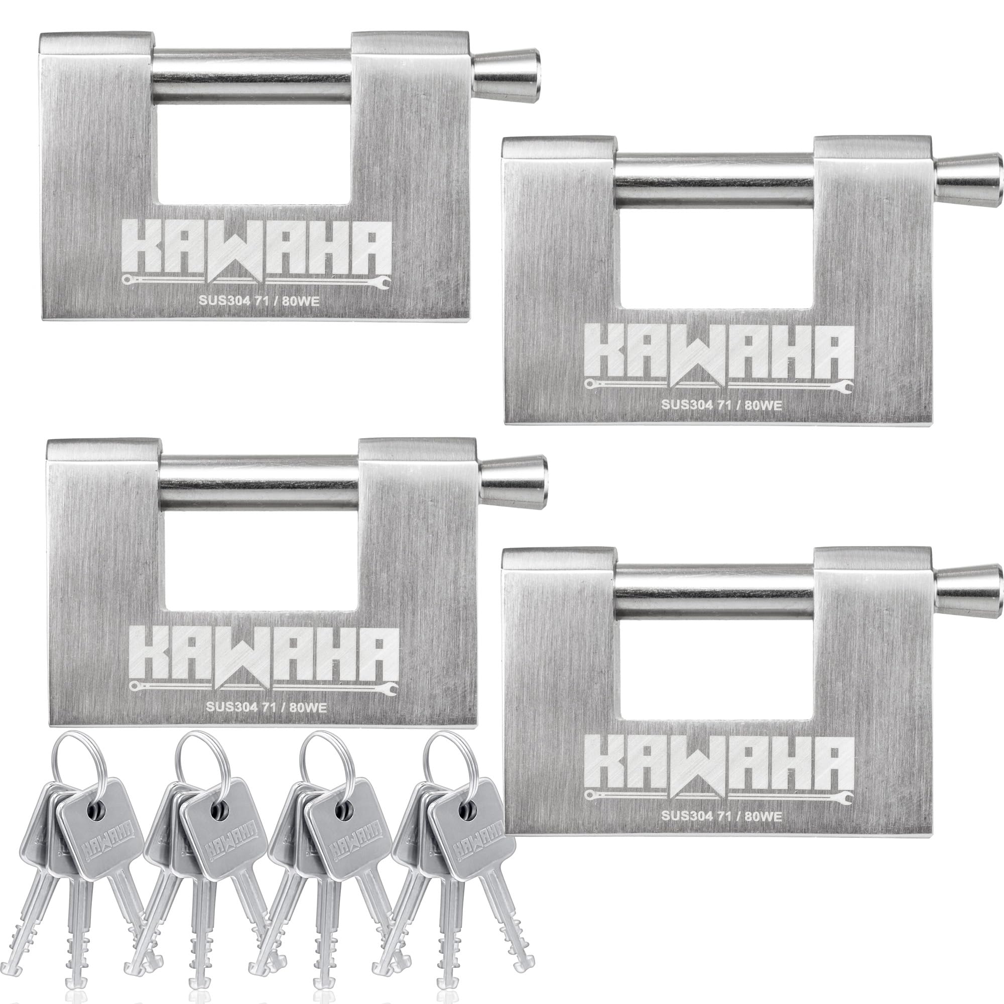 KAWAHA 71/80-4PS Heavy Duty Stainless Steel D-Shaped Padlock with 2 Keys - Secure Garage Doors, Storage Containers, Sheds, Lockers & Warehouses (3-1/8 Inch, 4-Pack Keyed Alike) - Ideal for Outdoor Use, Industrial Security & Weatherproof Protection