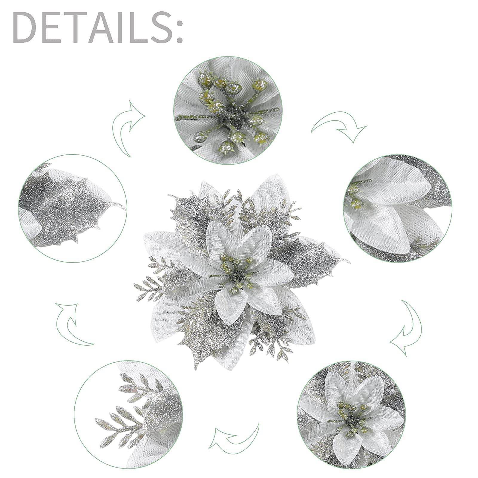 12 Pack Christmas Poinsettia Flowers with Clips & Stems - Glitter Silk Floral Picks for Holiday Decorations, Wreaths, Tree Ornaments, Table Centerpieces & Party Decor (Silver) - Perfect for Christmas, Home, Office & Festive Celebrations