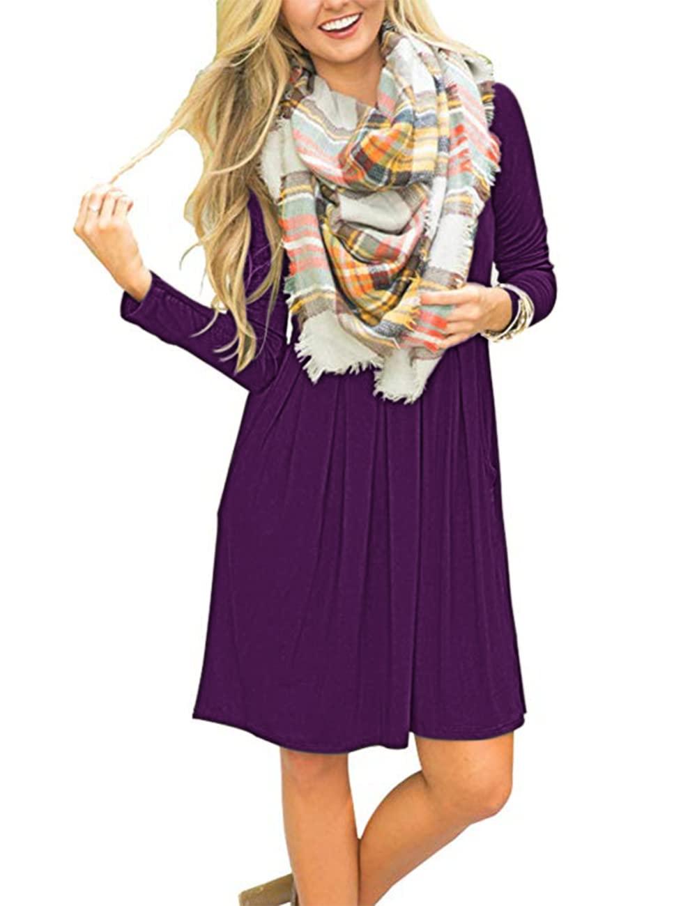 AUSELILY Women's Long Sleeve Pleated Swing Dress with Pockets - Knee Length Casual Loose Dress for Everyday Wear, Office & Date Night | 2025 New Collection
