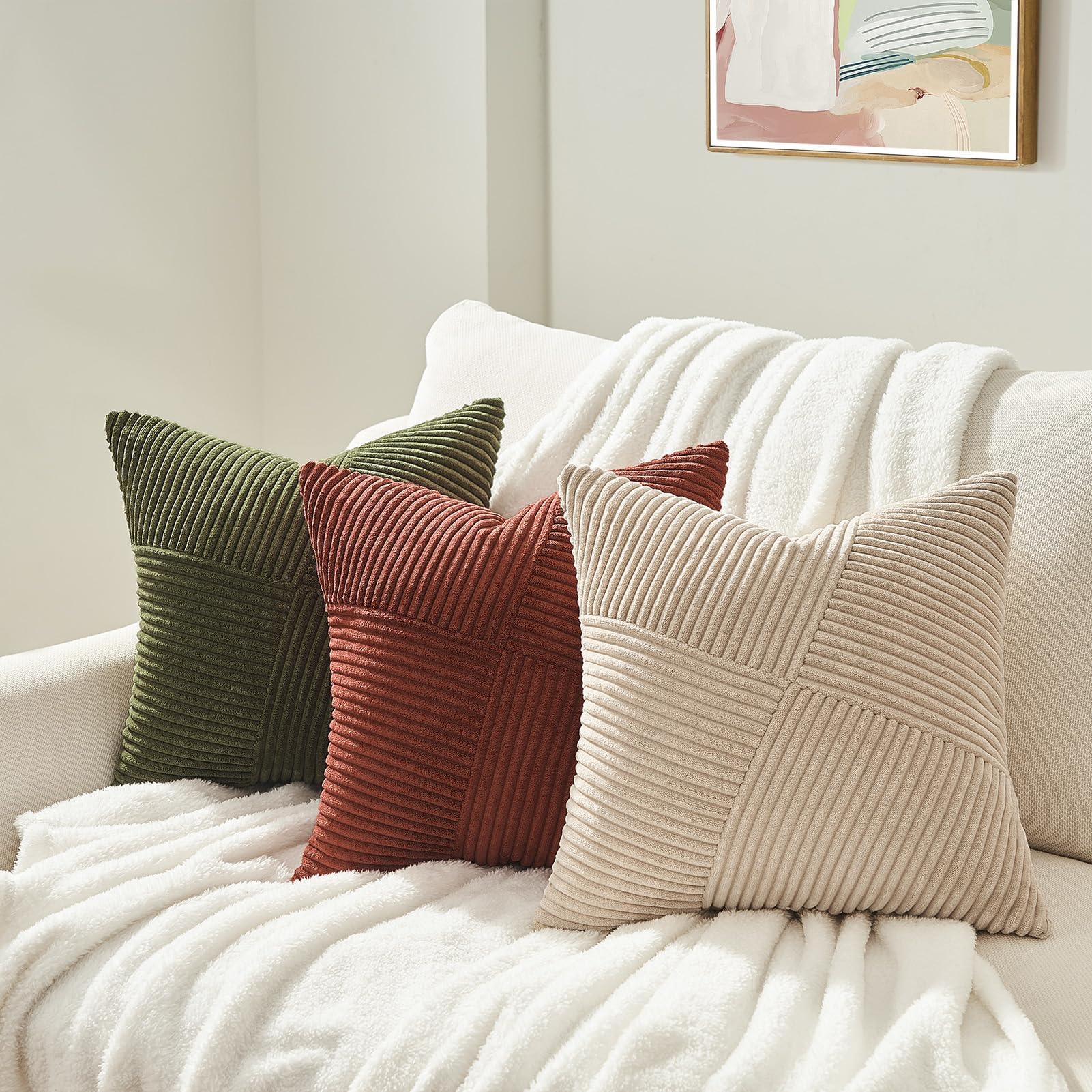 Topfinel Olive Green Decorative Throw Pillow Covers Set of 2 - 18x18 Inches (45x45 cm) Soft Corduroy Striped Patchwork Cushion Cases for Couch, Bed, Sofa - Boho Aesthetic Home Decor - Perfect for Living Room, Bedroom & Cozy Reading Nook
