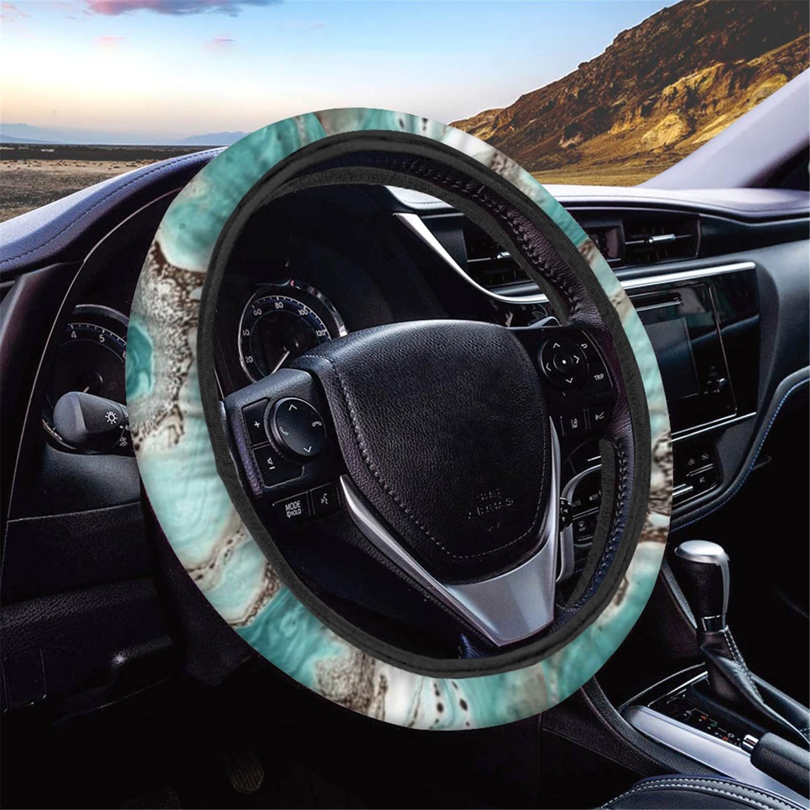 Premium Teal Marble Car Steering Wheel Cover Set - Soft Auto Seat Belt Cover, Armrest Cover & Center Console Pad - Universal Fit for Most SUV, Truck, Sedan - Enhance Comfort & Style for Long Drives & Commutes