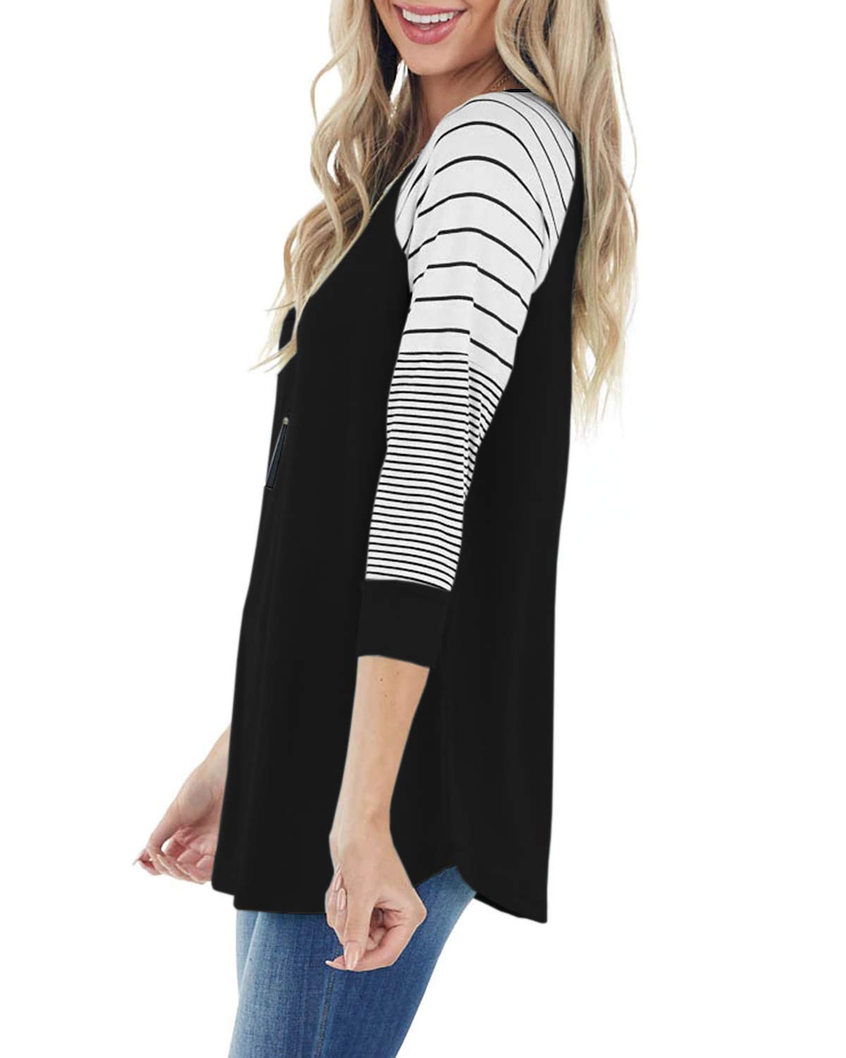 ReachMe Women's Casual 3/4 Sleeve Striped Raglan Tee - Loose Fit Crewneck Blouse for Everyday Wear | Perfect for Work, Weekend & Travel Outfits