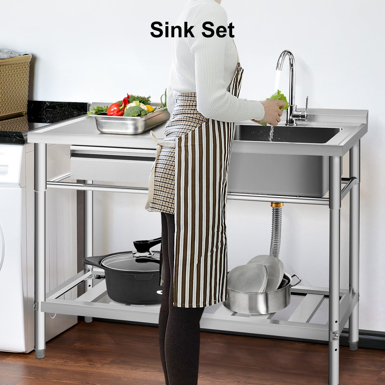 YORKING 47-inch Stainless Steel Utility Sink - Commercial Grade Single Bowl Kitchen Sink with Storage Drawer | Hot & Cold Water Pipes | Indoor & Outdoor Use for Restaurants, Food Trucks, Garages & Home Kitchens